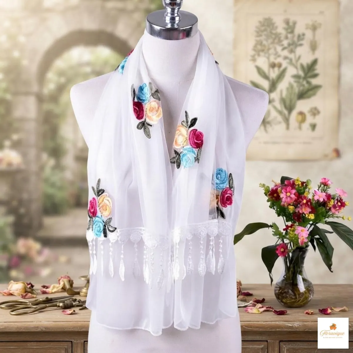 Floral Lace Triangle Shawl For Women, Sheer Wedding Wrap, Elegant Party Scarf