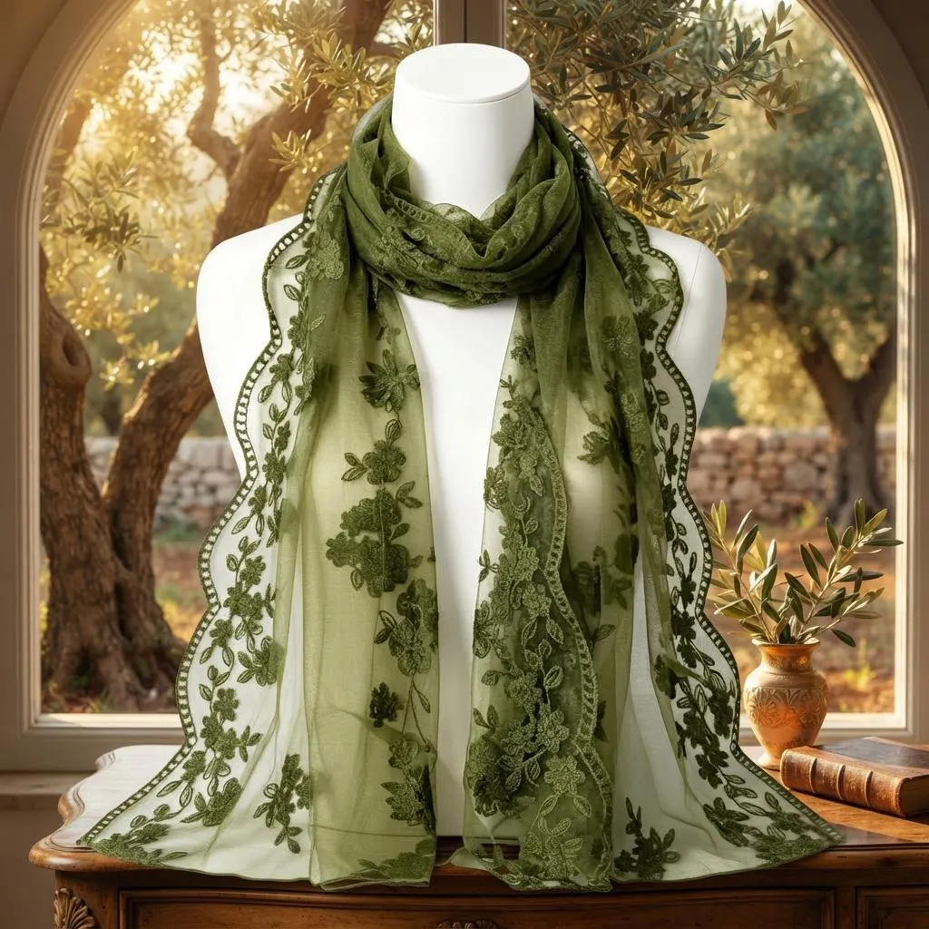 Women's Long Embroidered Scarf, Lightweight Lace Wrap, Sheer Everyday Neck Scarf