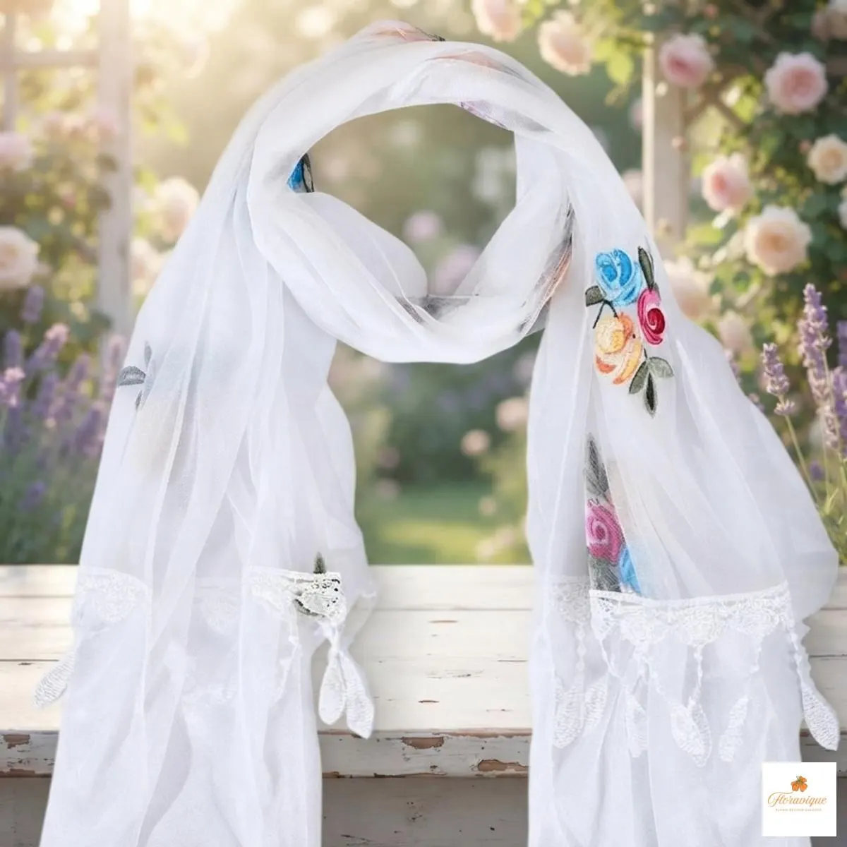 Detailed floral lace pattern visible across the triangle shawl