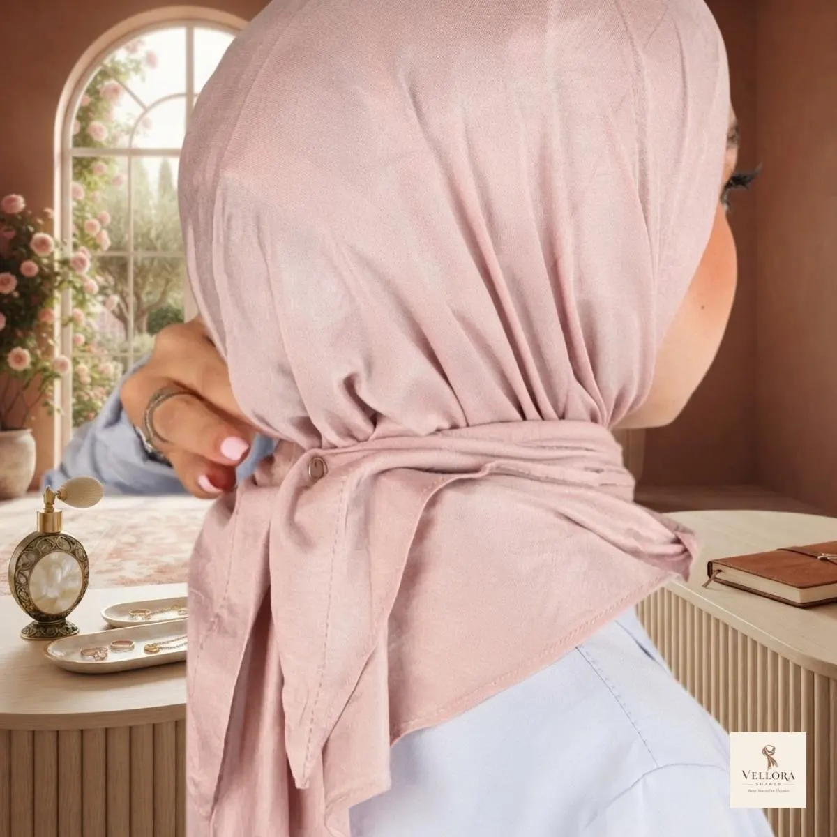 Women's quick-wrap headscarf styled neatly around the head