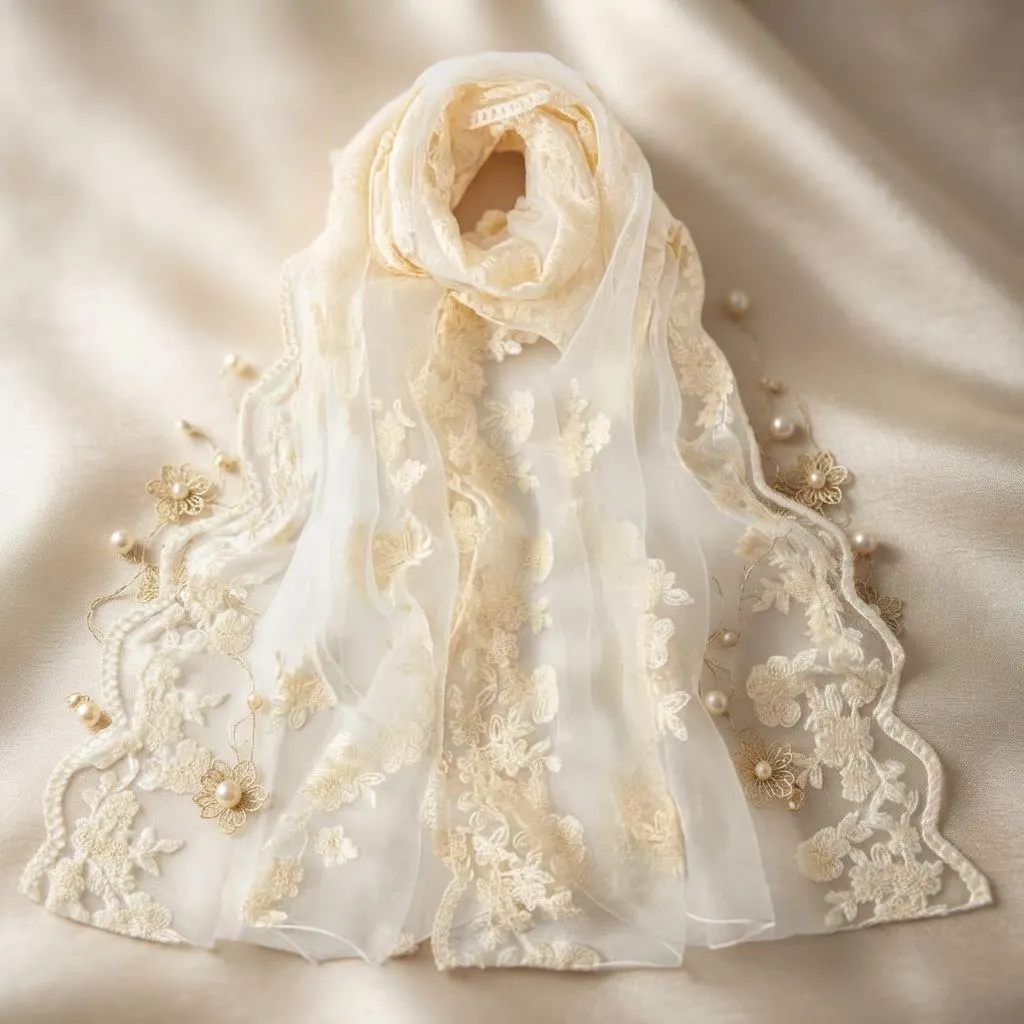 Lightweight embroidered scarf arranged in a soft drape.