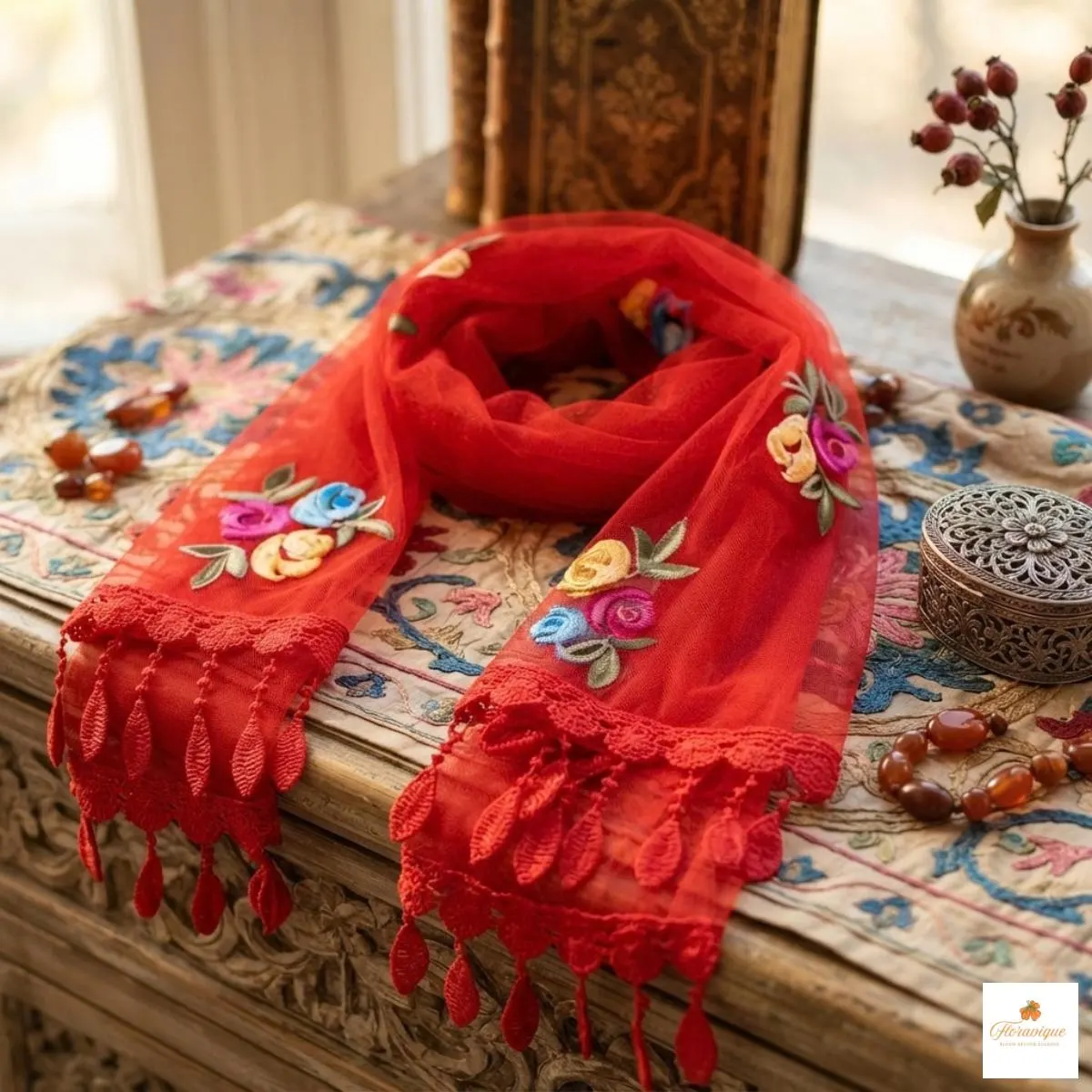 Women's lace shawl paired with an elegant party outfit