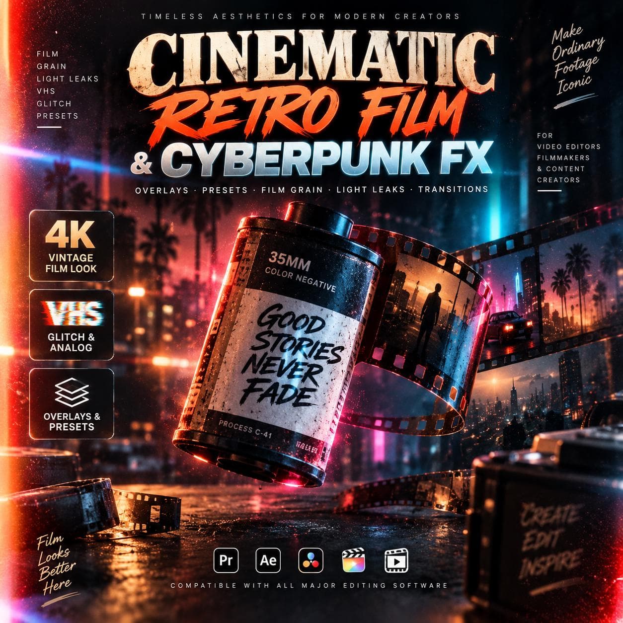 Retro Film LUTs Pack, Vintage 4K Presets with Cyberpunk Neon Glow, Film Grain Light Leaks Glitch Overlays for Video Digital Download