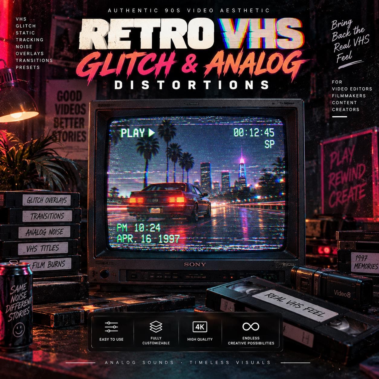 Retro Film LUTs Pack, Vintage 4K Presets with Cyberpunk Neon Glow, Film Grain Light Leaks Glitch Overlays for Video Digital Download - image 4