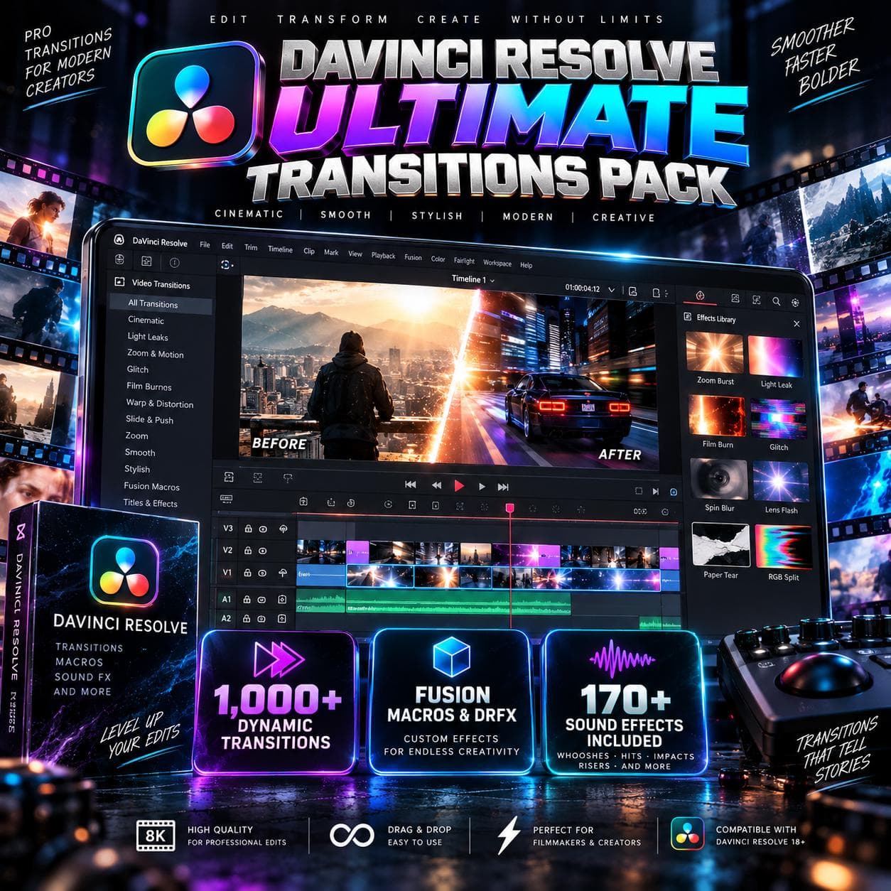 DaVinci Resolve Transitions Pack, 1000+ Fusion Macros DRFX Film Burns Zooms Glitch Effects with 170 Sound FX, Video Editing Digital Download