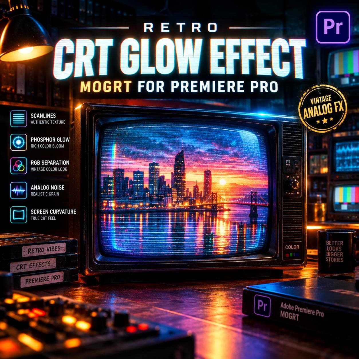 Retro VHS Overlay Effect MOGRT for Premiere Pro, CRT Glow Glitch Distortion Pack, 80s Analog Tv Noise Video Filter Digital Download