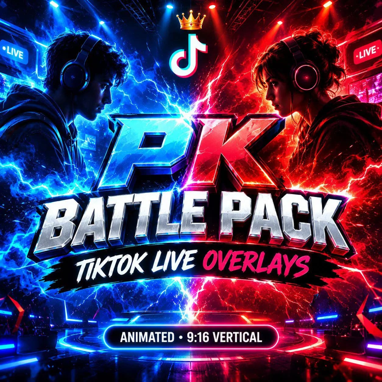 TikTok Live PK Battle Pack PRO, 72 Stream Overlays, VS Screen Scoreboard Countdown Timer Winner Alerts Animation