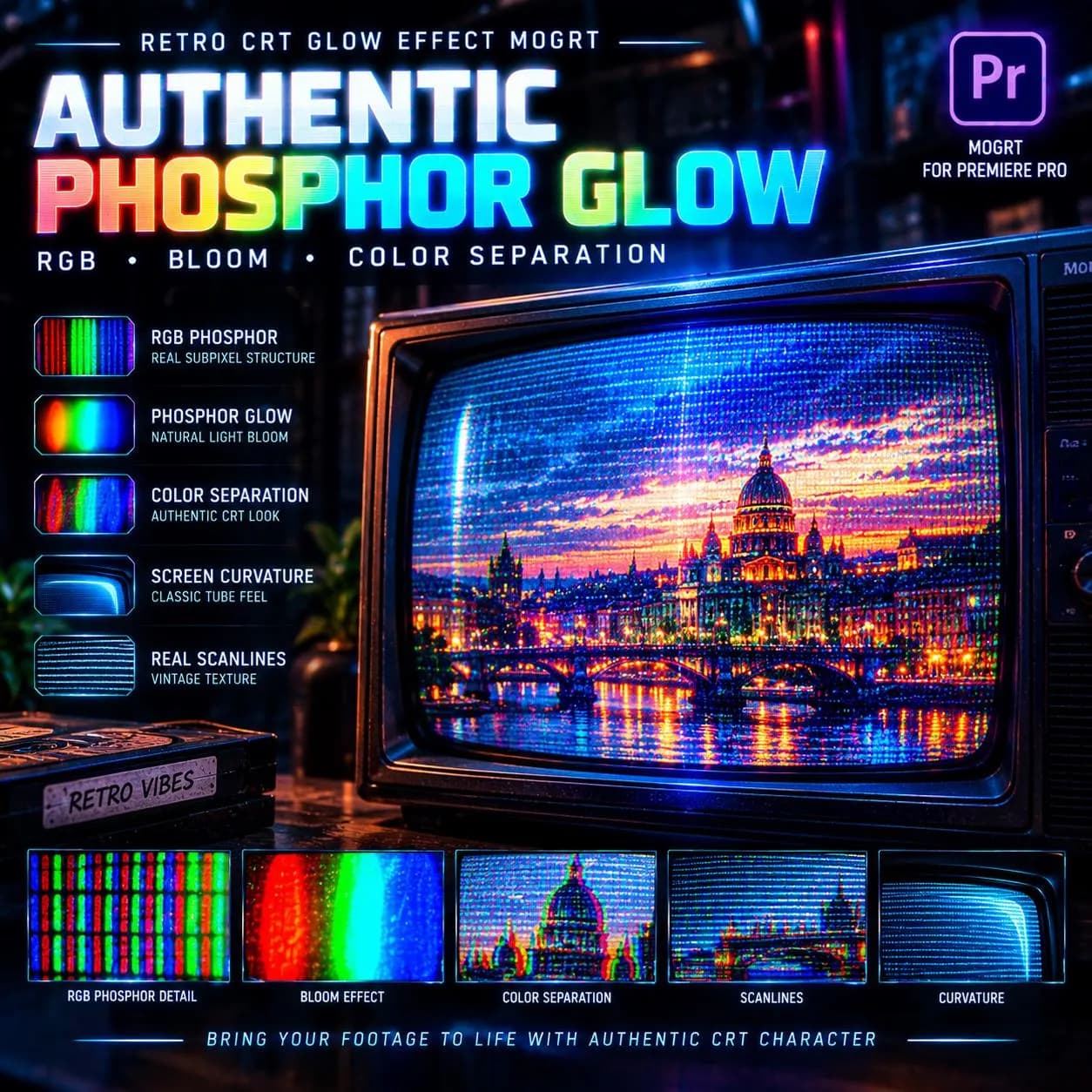 Retro VHS Overlay Effect MOGRT for Premiere Pro, CRT Glow Glitch Distortion Pack, 80s Analog Tv Noise Video Filter Digital Download - image 5