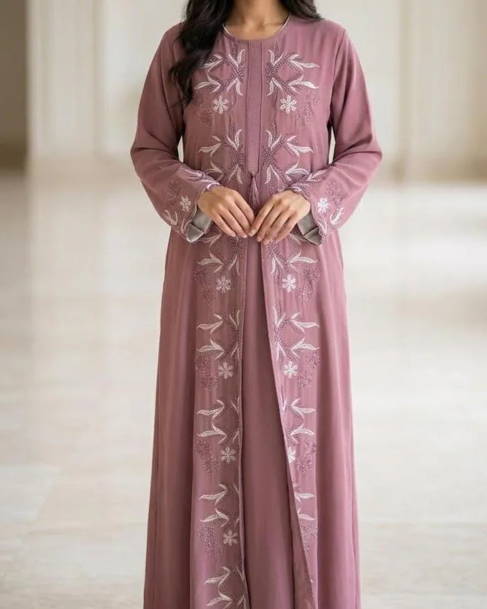 Closed Abaya Dress Attached Inner Slip Elegant Embroidery Modest Ramadan Wear Mint and Mauve