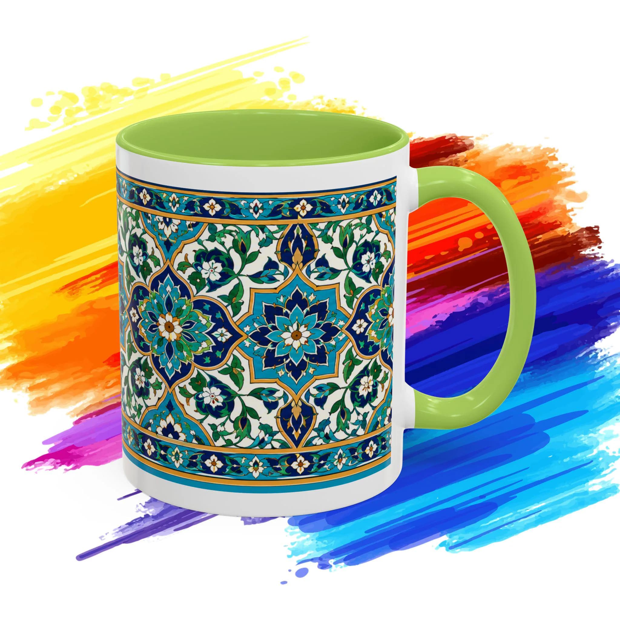 Islamic Tile Art Coffee Mug, Blue Green Persian Ceramic Cup, Arabesque Floral Pattern, Muslim Housewarming Gift, Eid Ramadan Gift 11 15oz