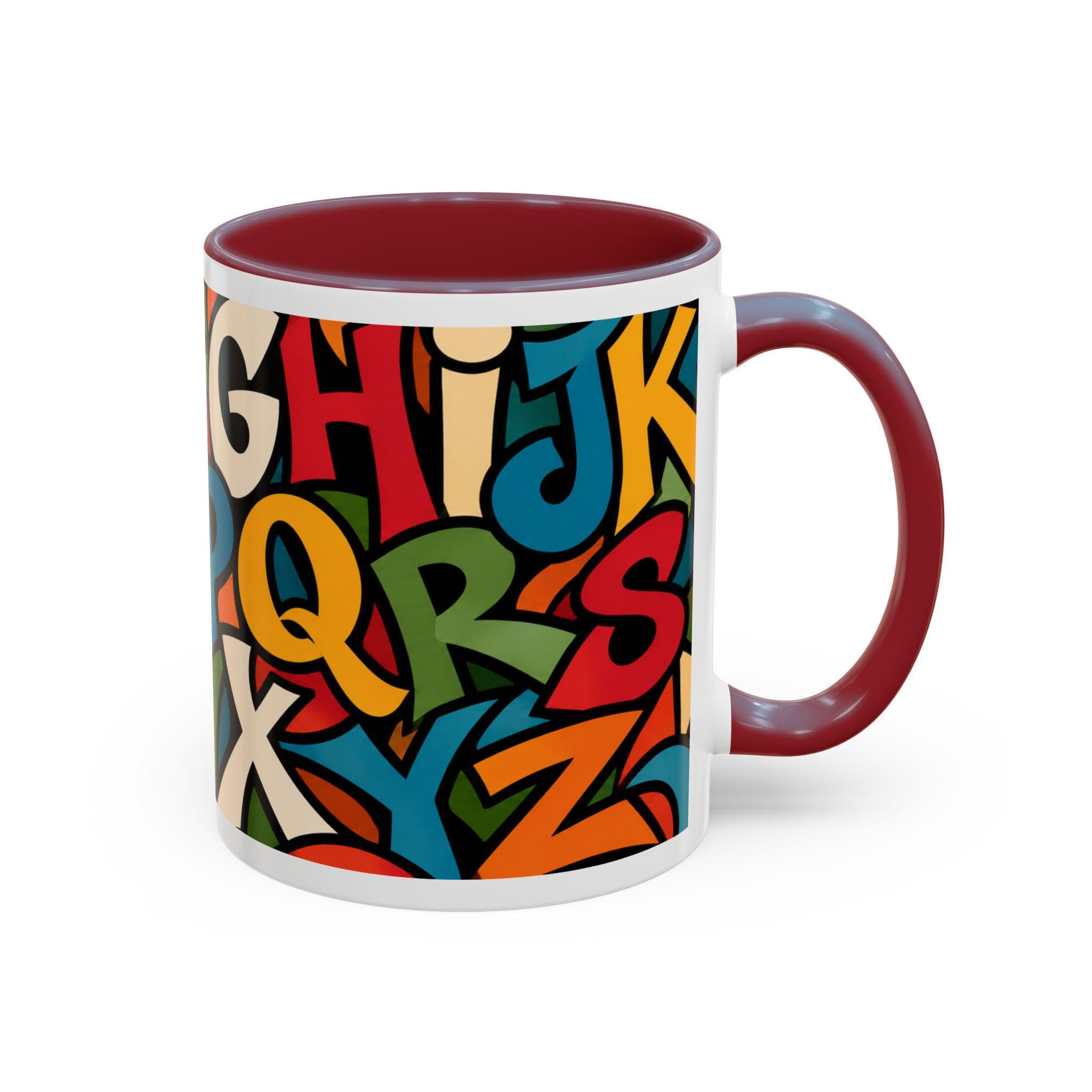 Colorful Alphabet Mug, English Letters A to Z Collage, Red Accent Coffee Cup, Back to School Teacher Gift Student Graduation Present 11 15oz