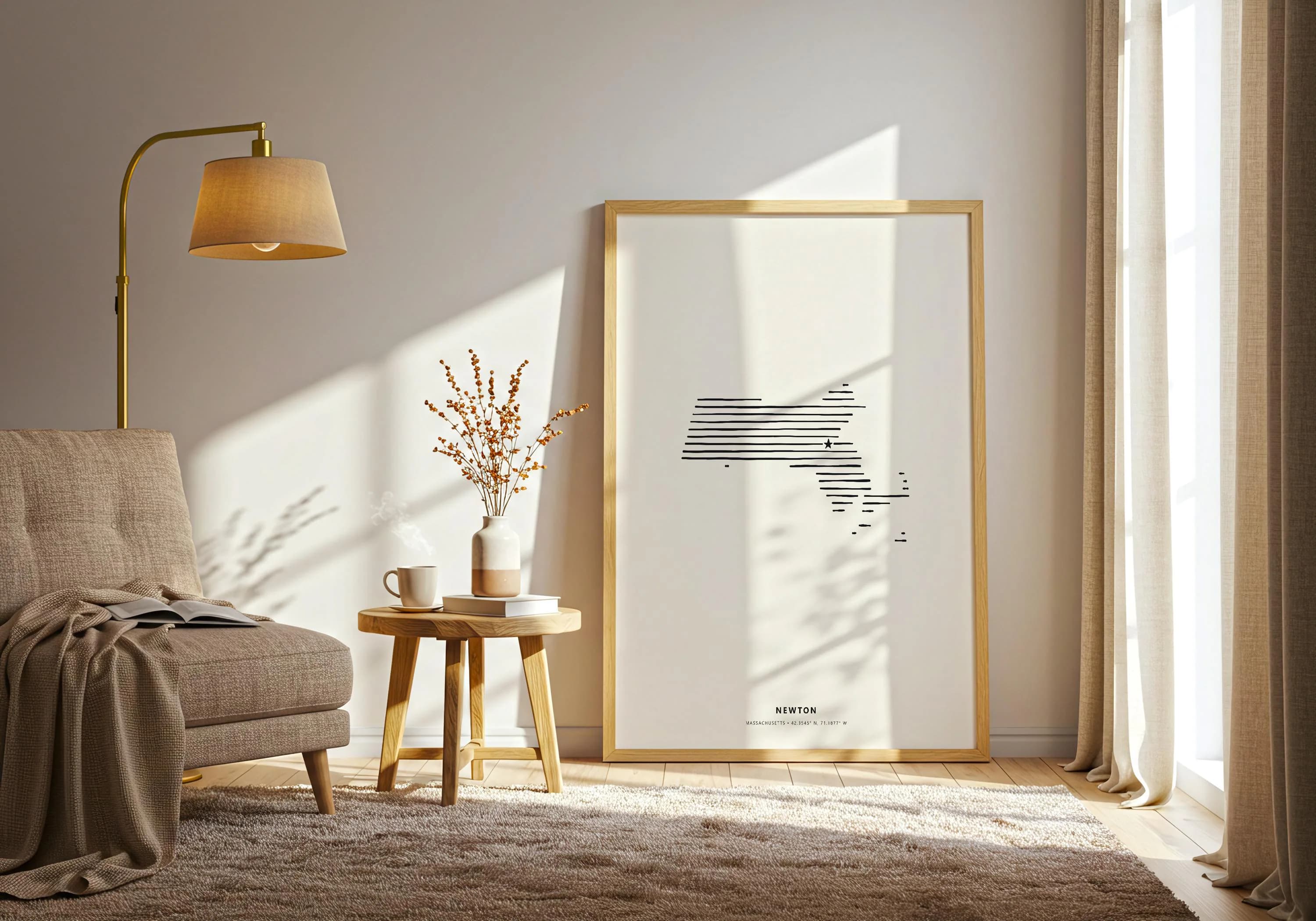 Close-up view of the Newton Massachusetts fine line art print showing its modern geographic coordinates and star detail.