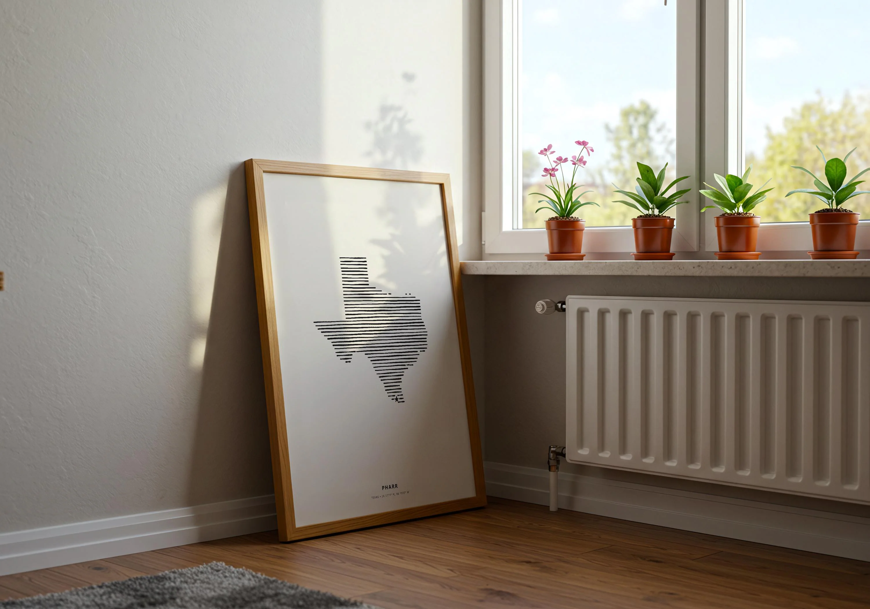 Aesthetic lifestyle mockup of a Pharr, Texas hometown pride poster leaning against a neutral baseboard.