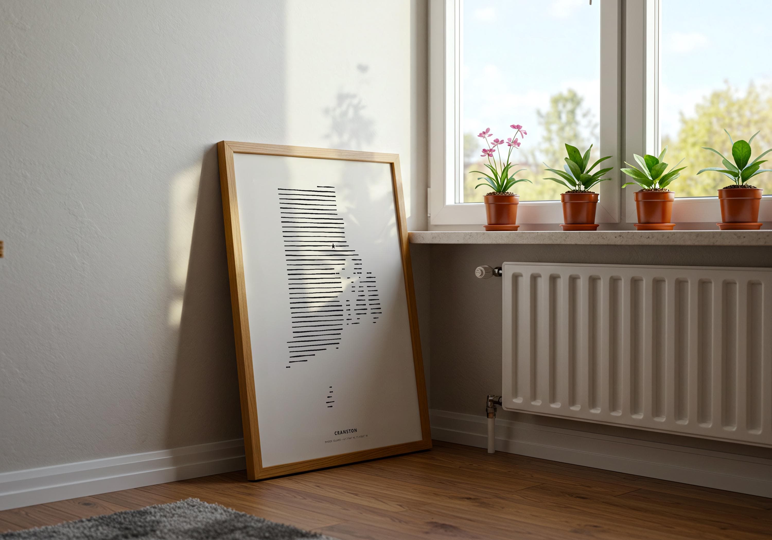 Minimalist hometown wall art of Cranston displayed on a light wooden floor with warm interior lighting.