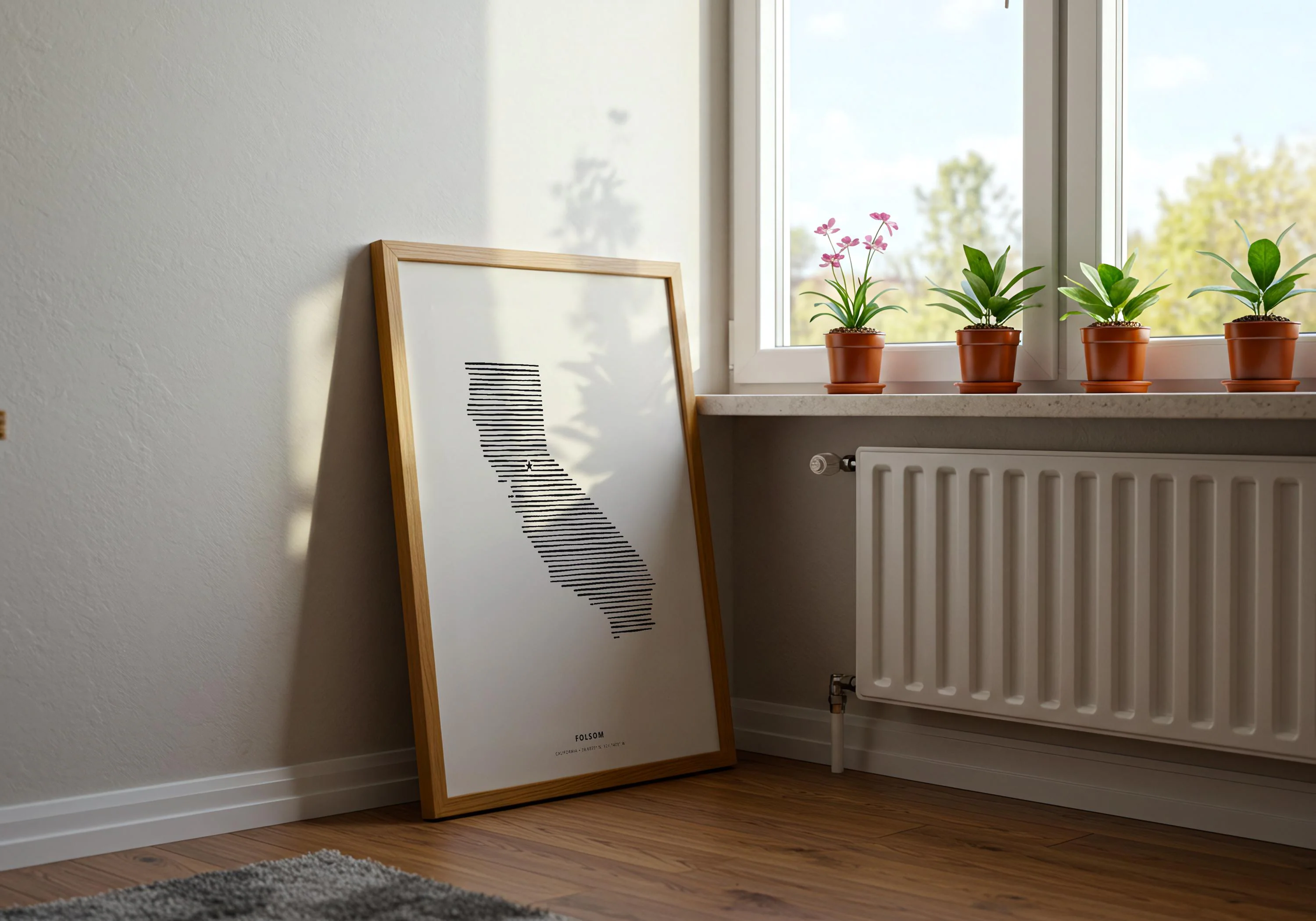 Modern hometown pride poster of Folsom California displayed in a slim frame on a hardwood floor.