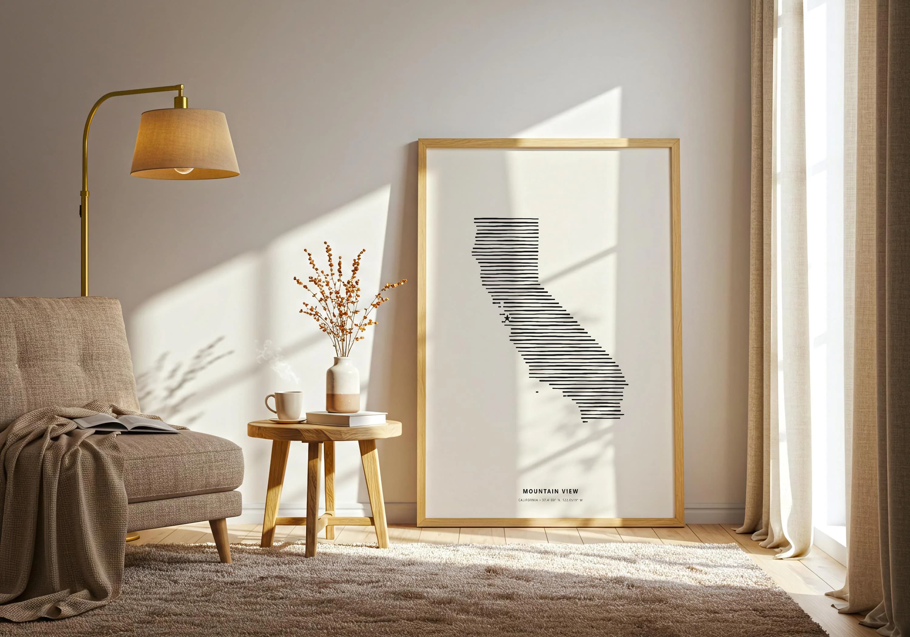 A sophisticated modern poster displaying Mountain View, California with GPS coordinates at the bottom in a sleek minimalist frame.