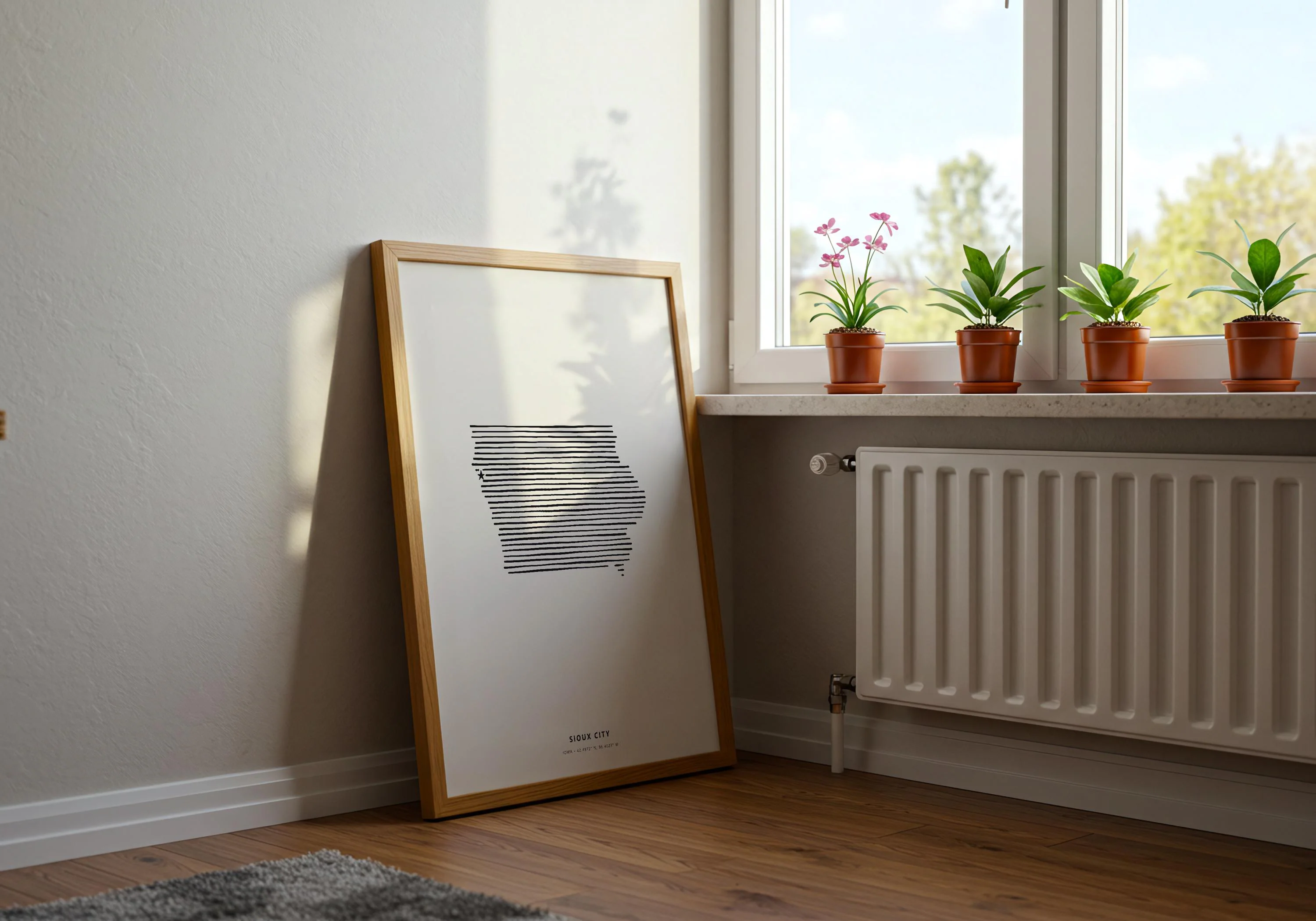 Hometown pride print of Sioux City, Iowa displayed inside a sleek minimalist wooden frame against a beige wall.