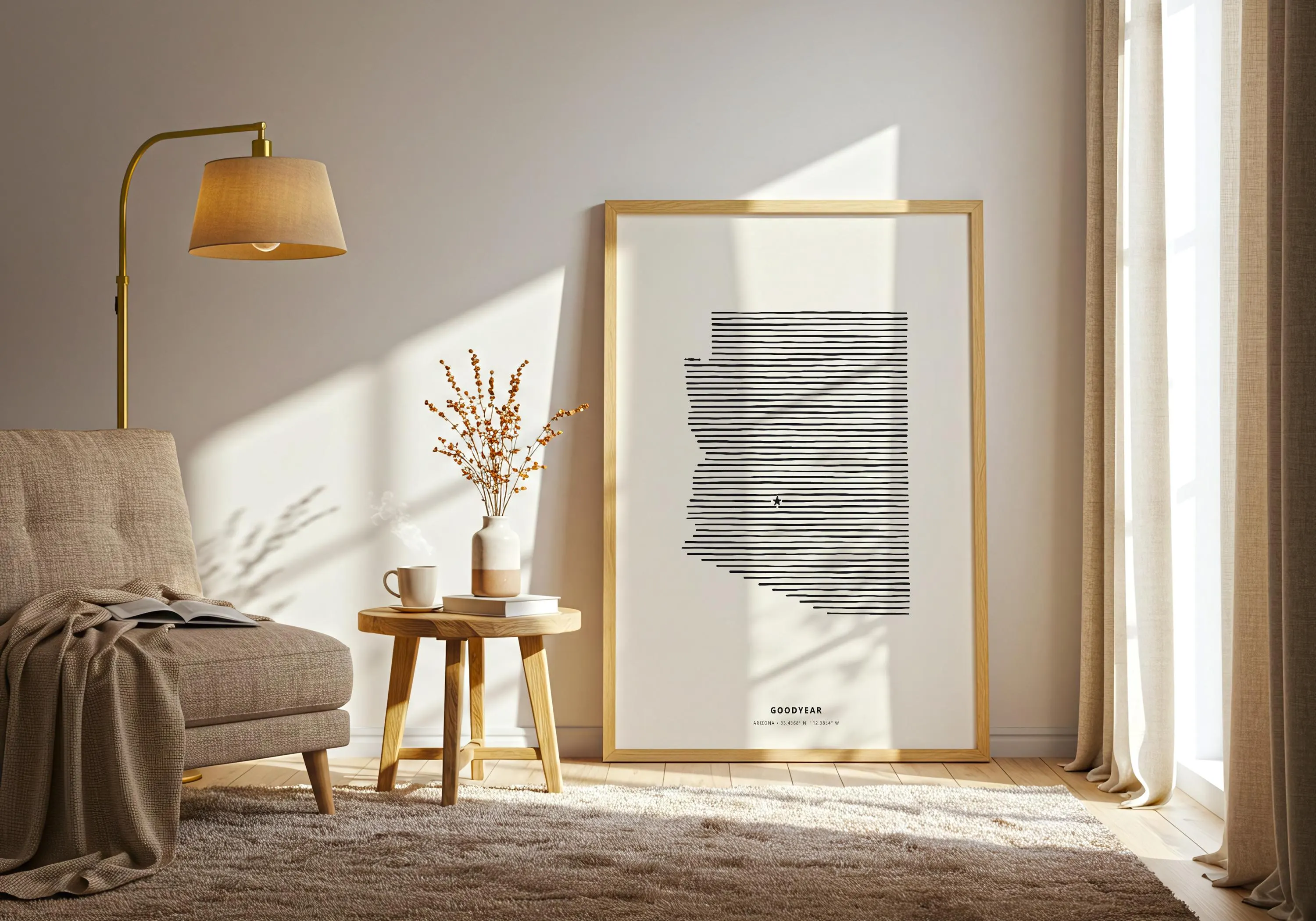Aesthetic mock up showing the desert southwest state outline artwork displayed in a contemporary living space.