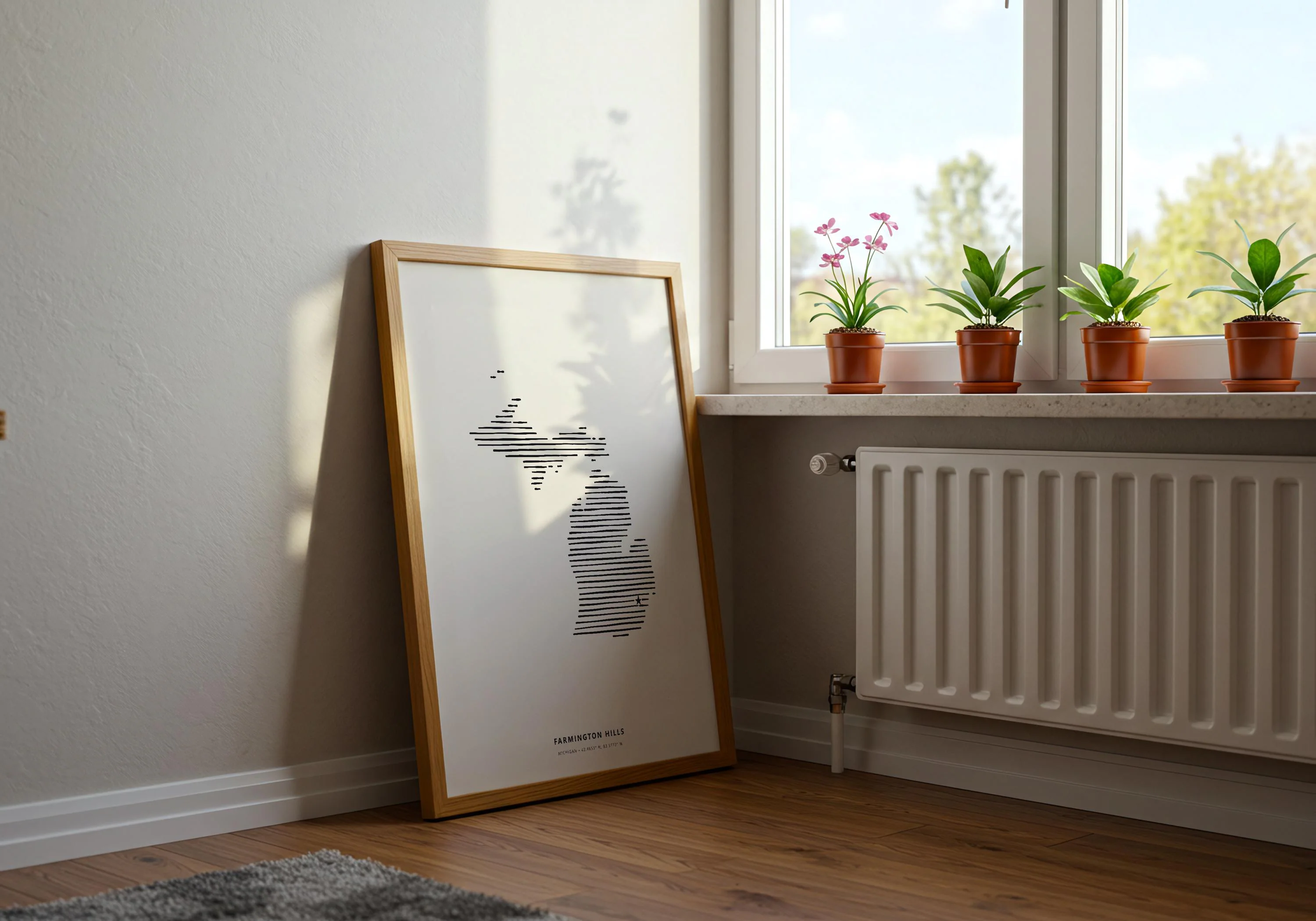 Modern hometown pride print of Farmington Hills, Michigan displayed in a Scandinavian style interior.
