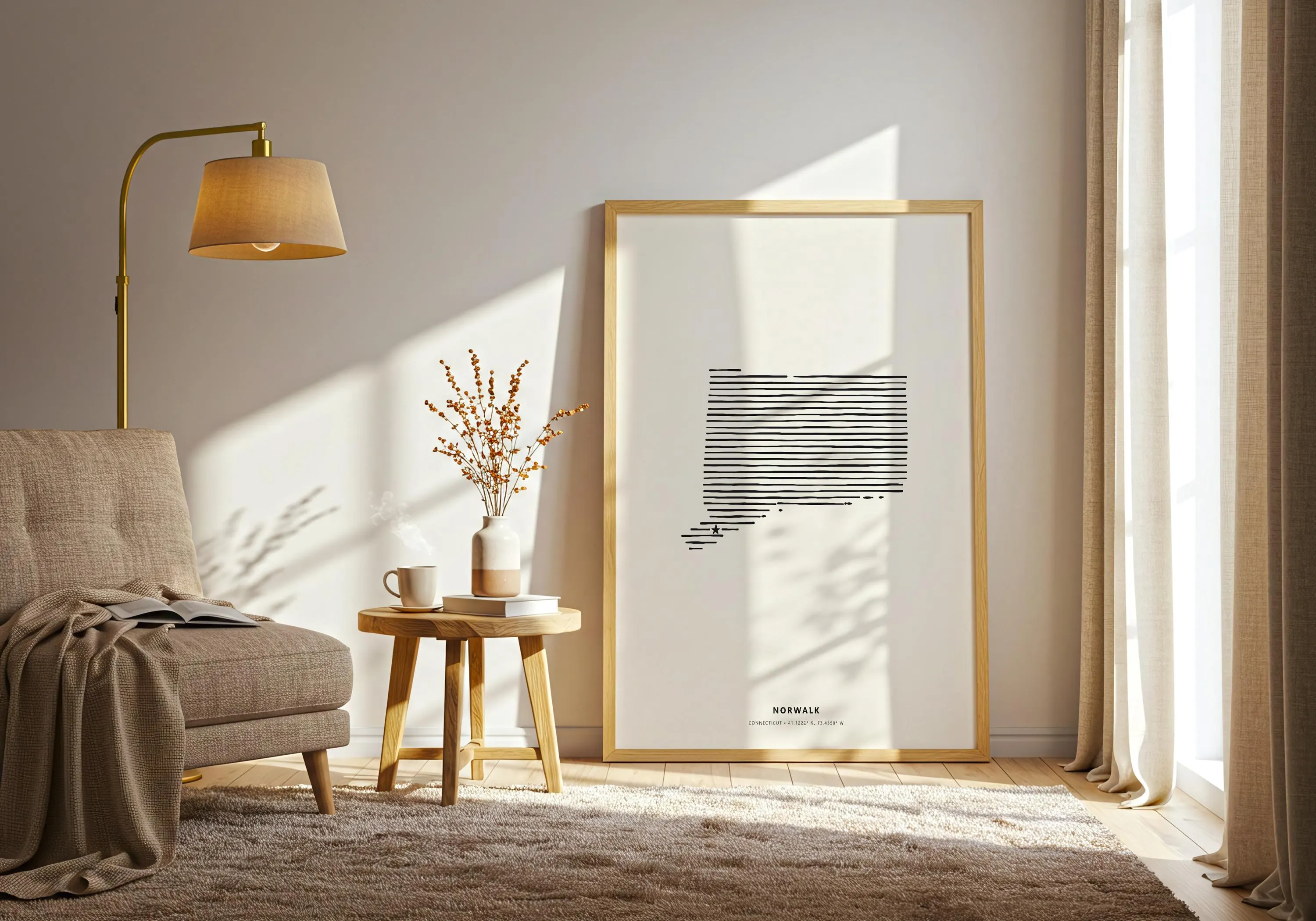 Close-up of the framed Norwalk Connecticut horizontal line art poster showcasing the clean typography and map silhouette.