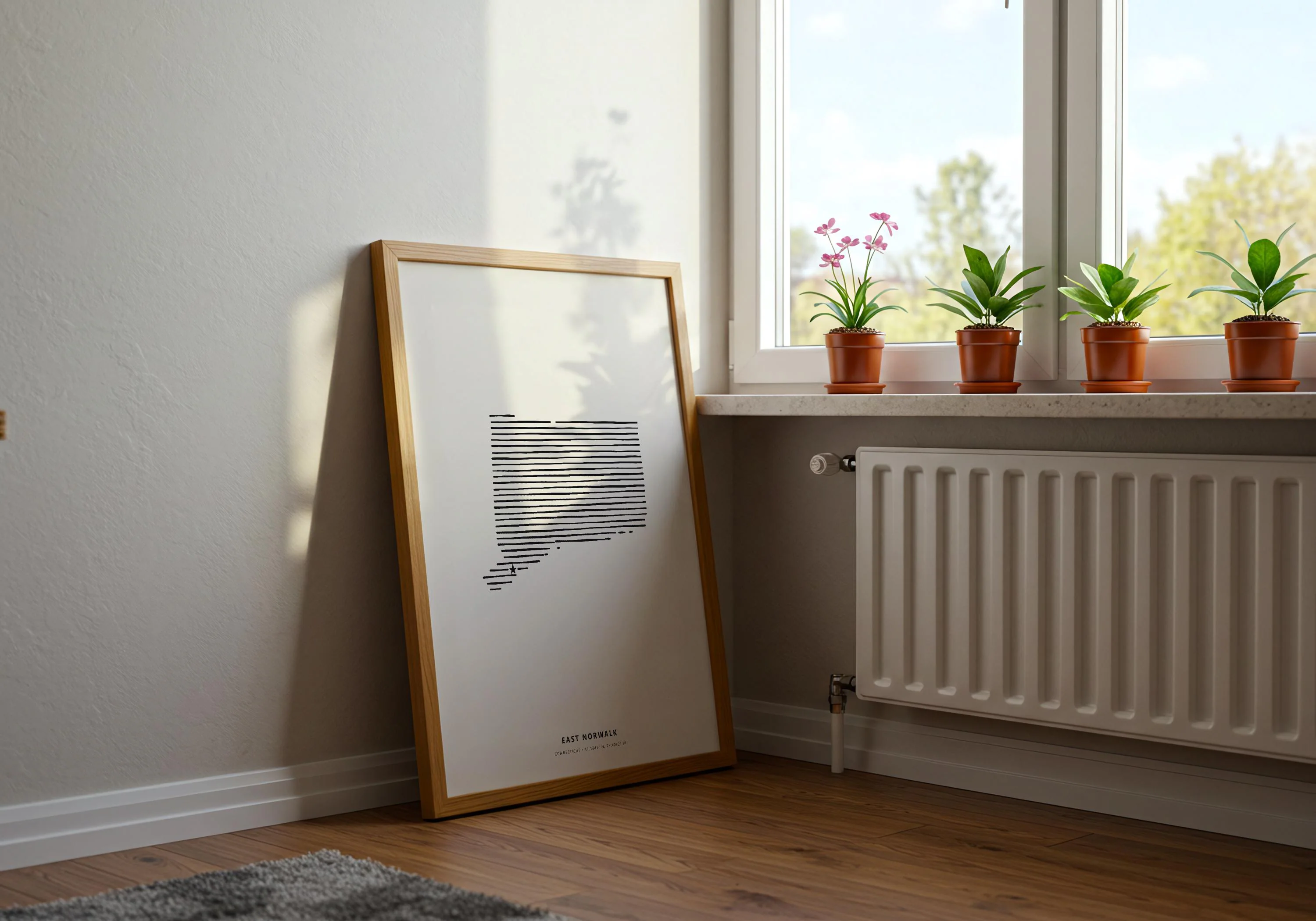 Minimalist hometown pride poster showcasing East Norwalk Connecticut in a light wood frame.