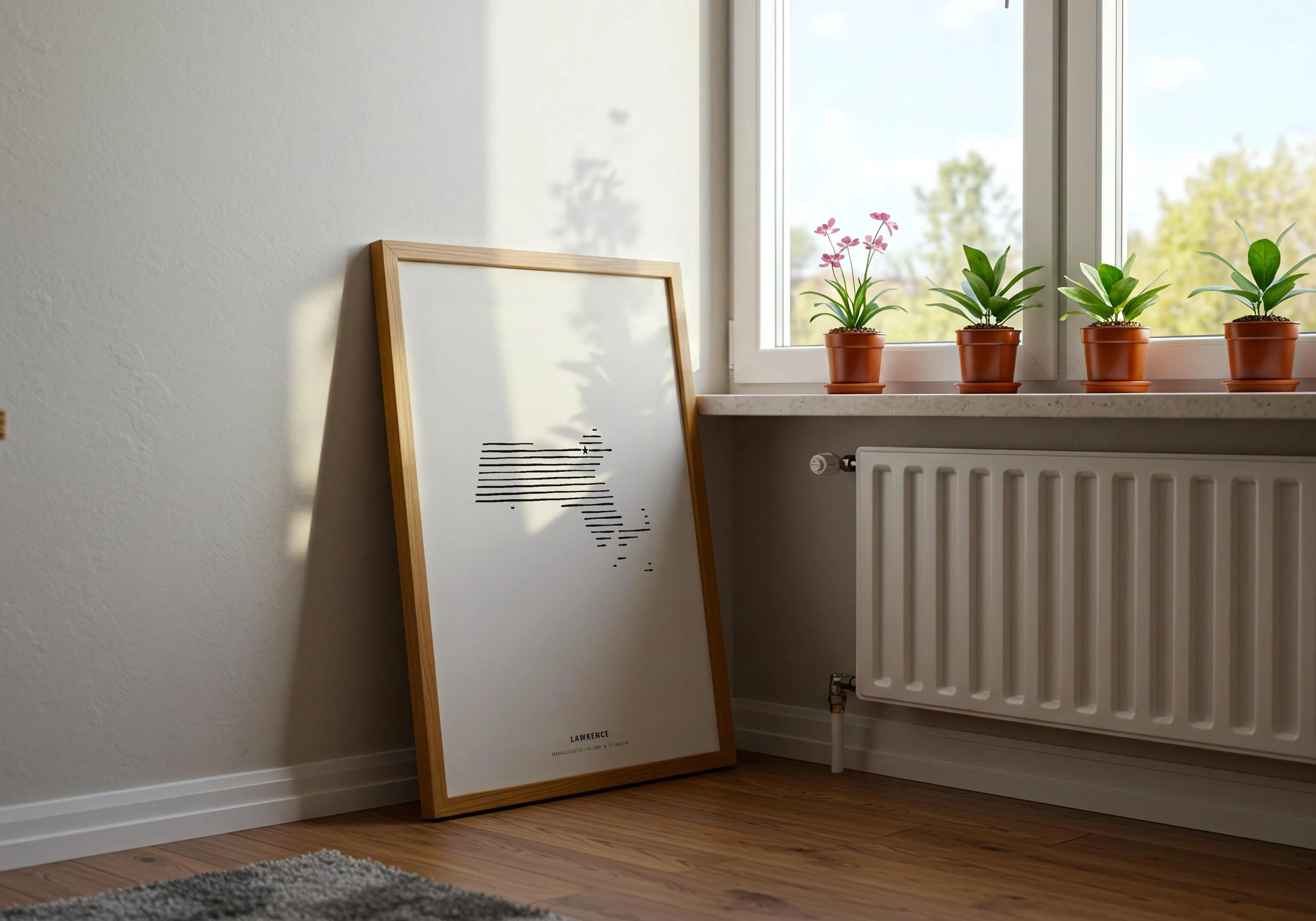 Minimalist state and city silhouette art print showcasing Lawrence, Massachusetts in a clean wooden frame.