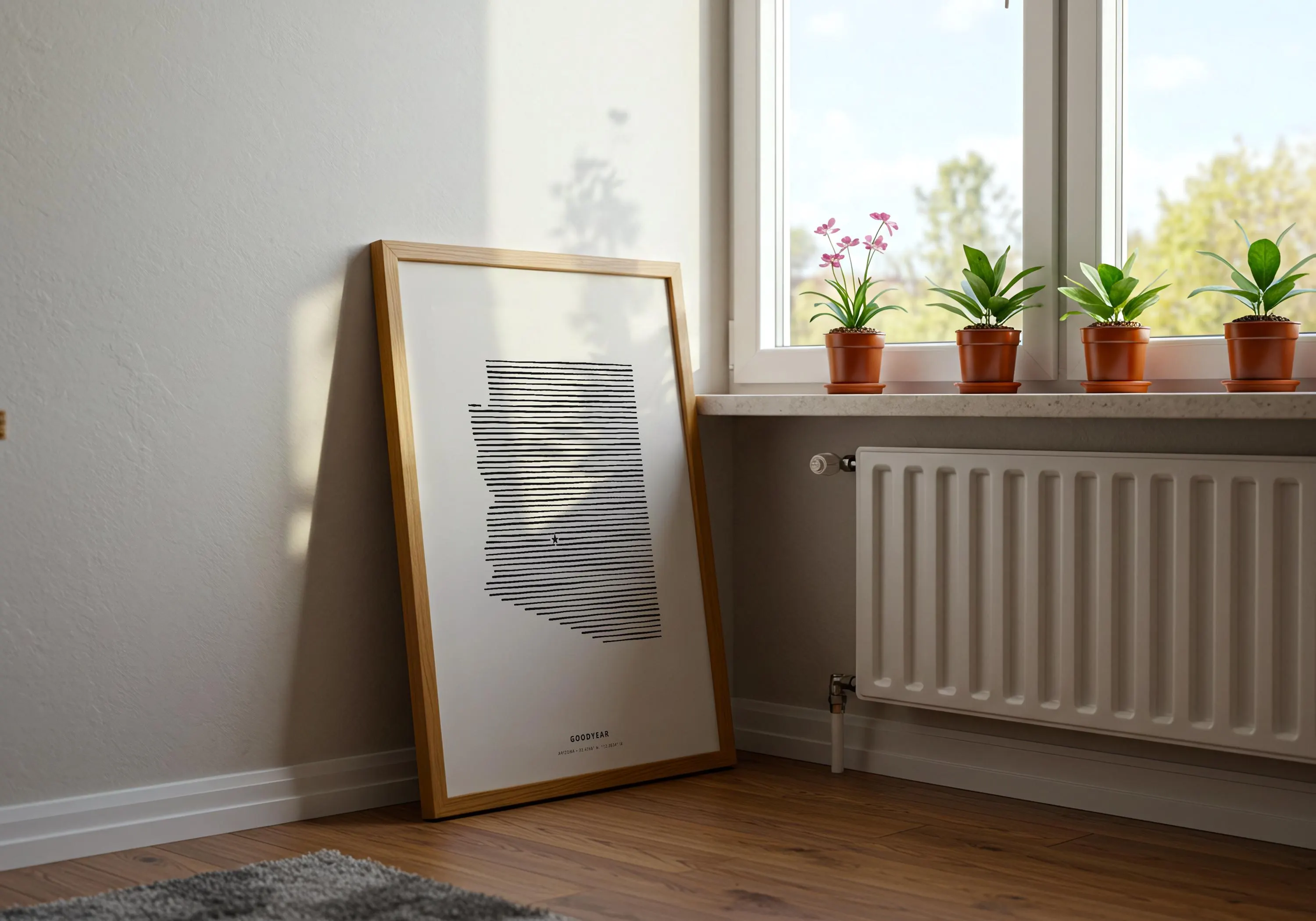Clean horizontal stripe map poster highlighting Goodyear, Arizona with a small star set against an off white background.