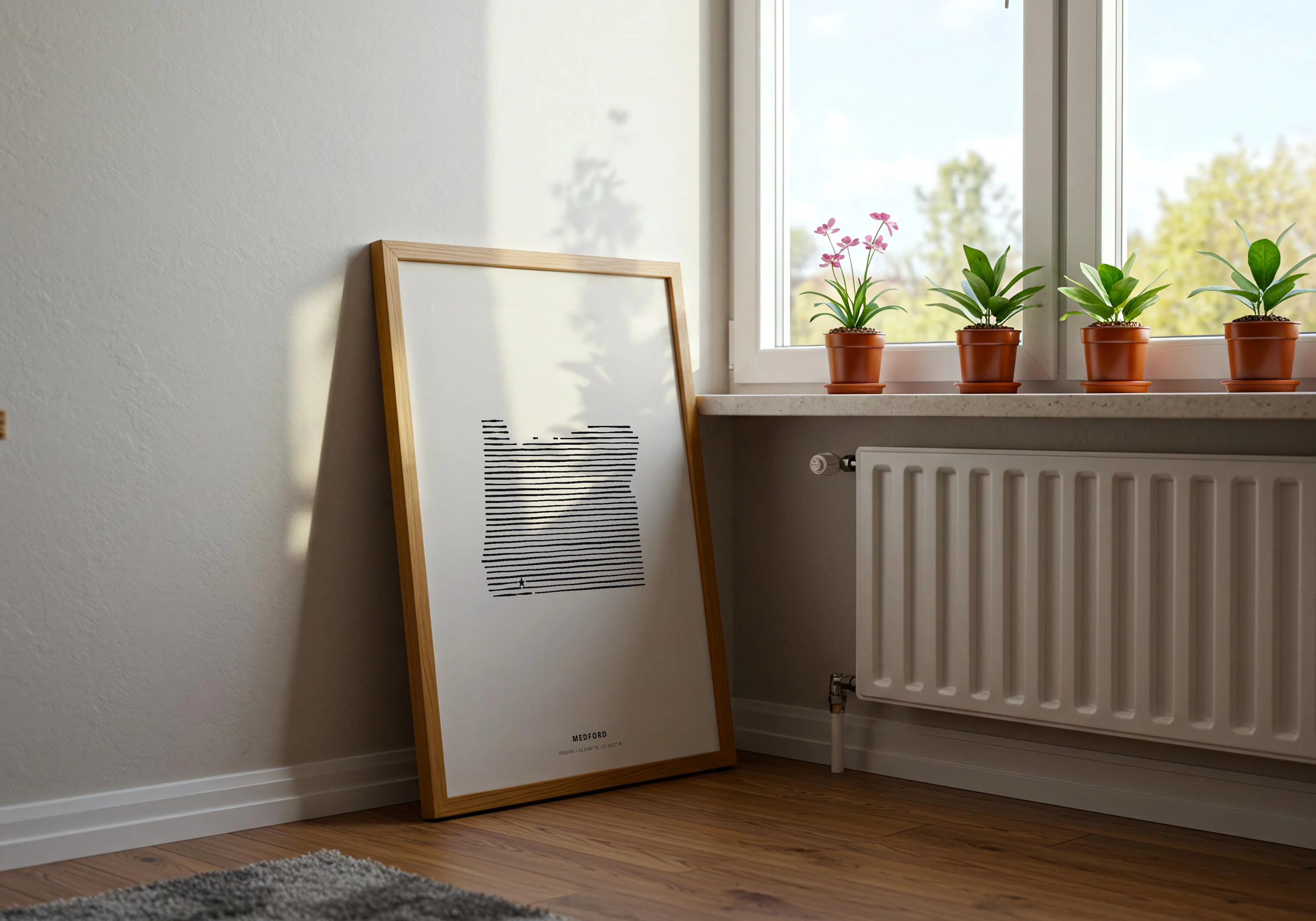 A lifestyle mockup of a modern Medford Oregon hometown pride wall art print leaning on hardwood flooring.
