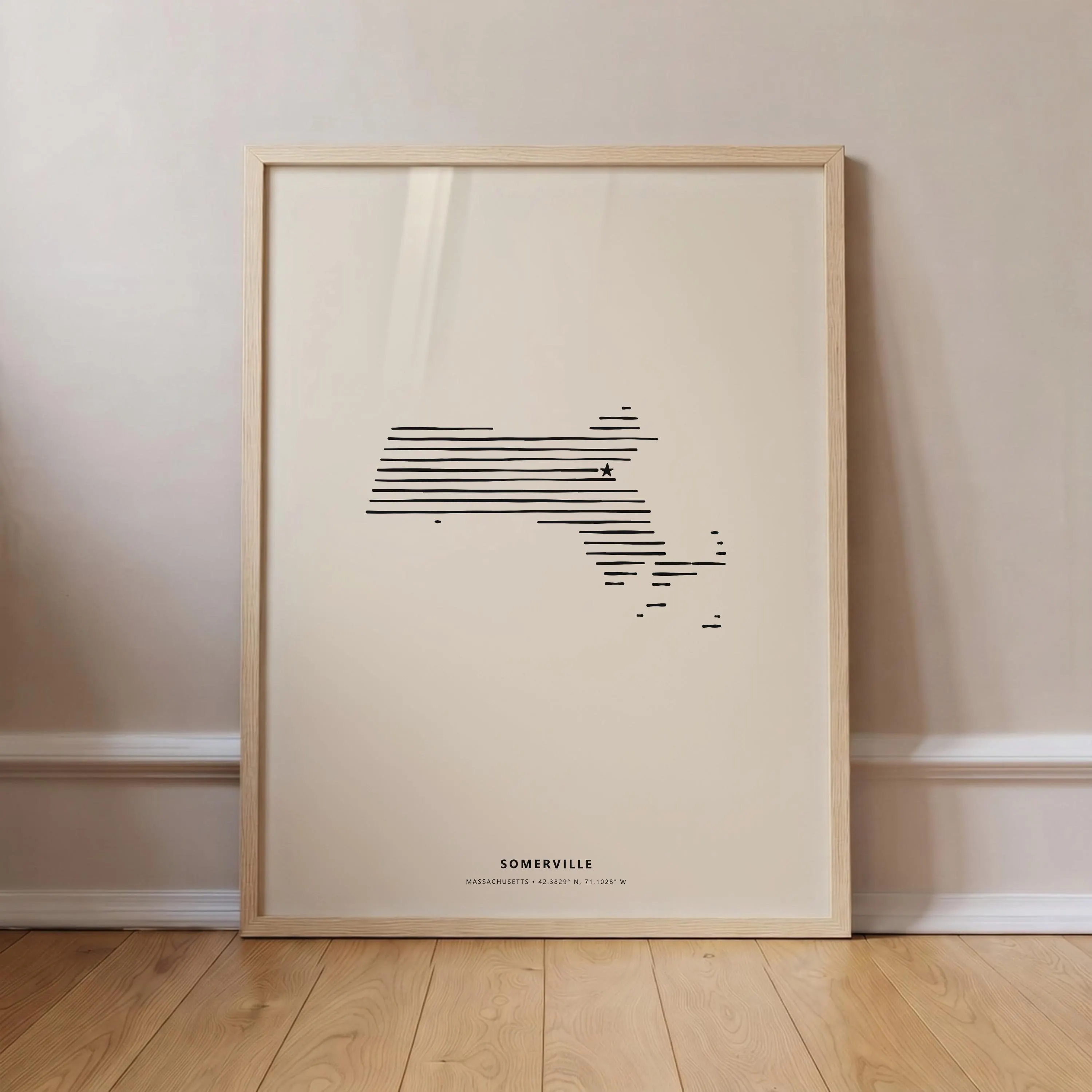 Somerville Massachusetts Minimalist Line Art Poster - Modern State Silhouette Star Print