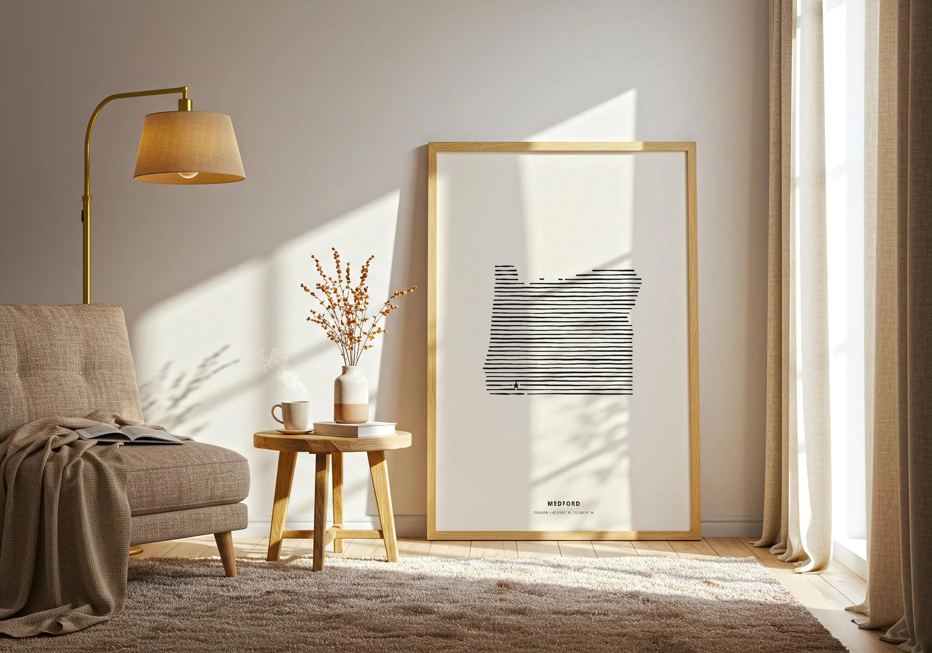 Minimalist Oregon state line art poster featuring Medford with a star map detail inside a thin wood frame.
