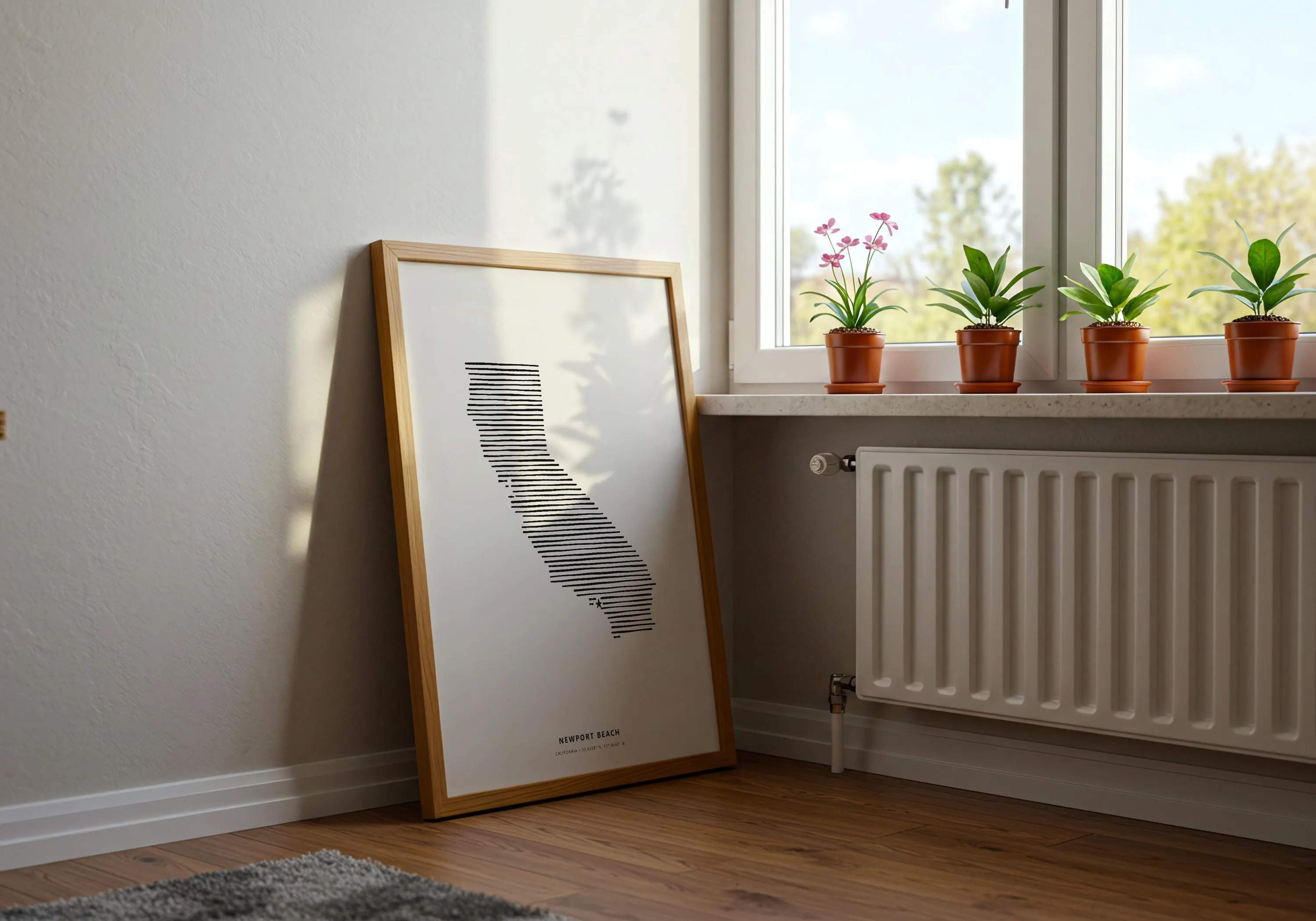 Modern gallery wall setup displaying a single framed poster of Newport Beach, California with a star marker over the coastline.