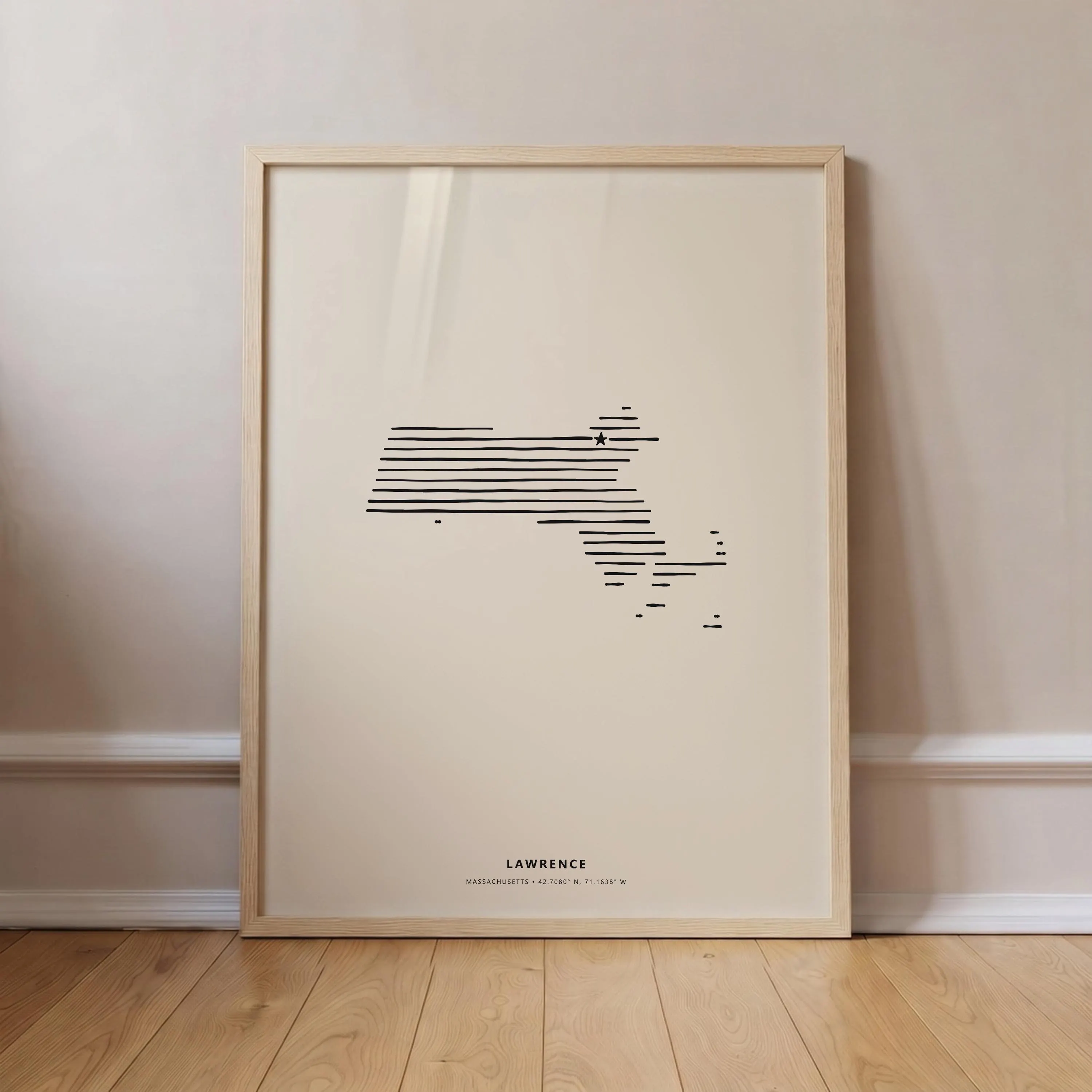 Lawrence Massachusetts Minimalist Line Art Poster - Modern State Silhouette Star Print