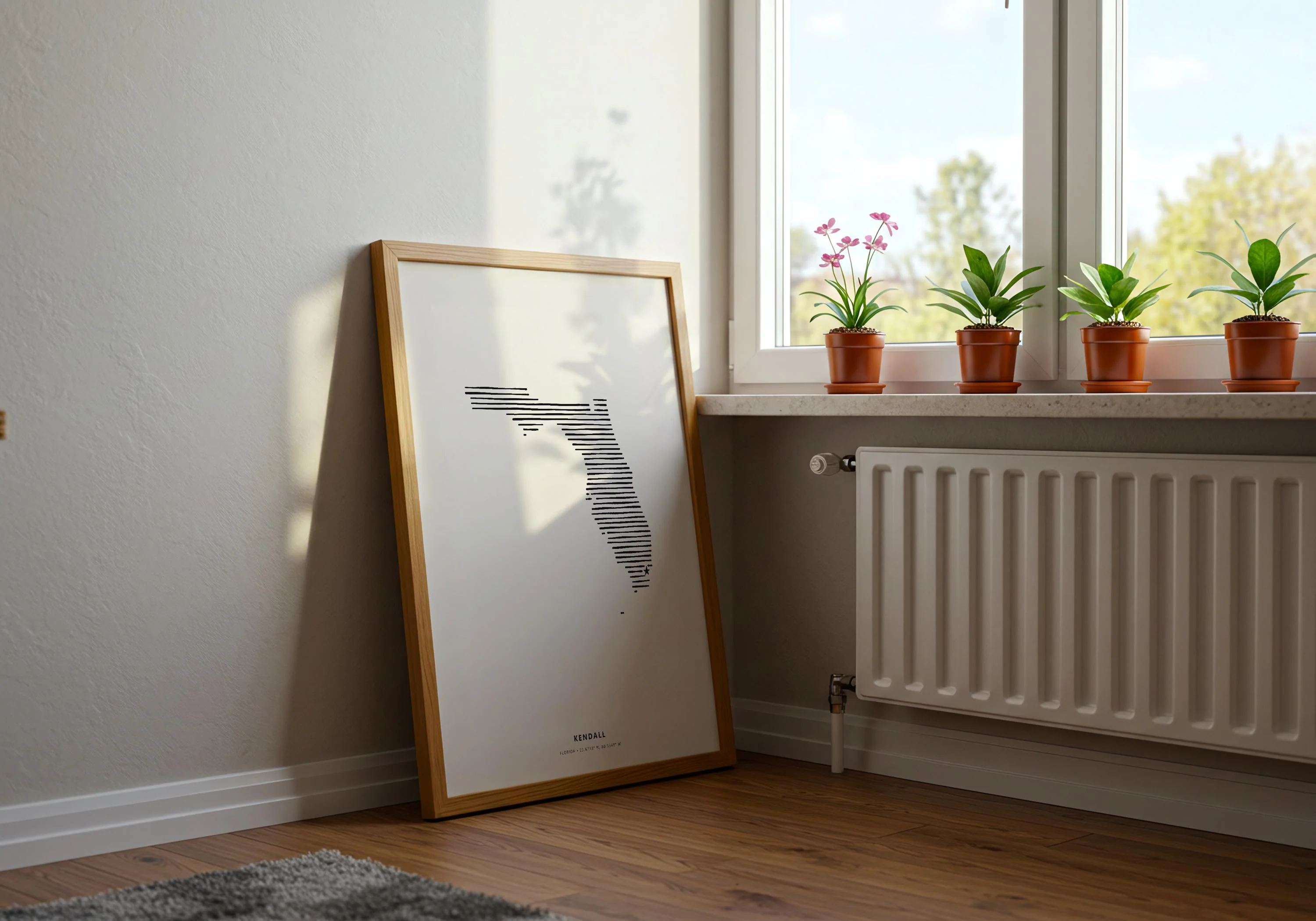 Modern hometown pride wall art depicting Kendall, Florida in clean black lines on off-white paper.