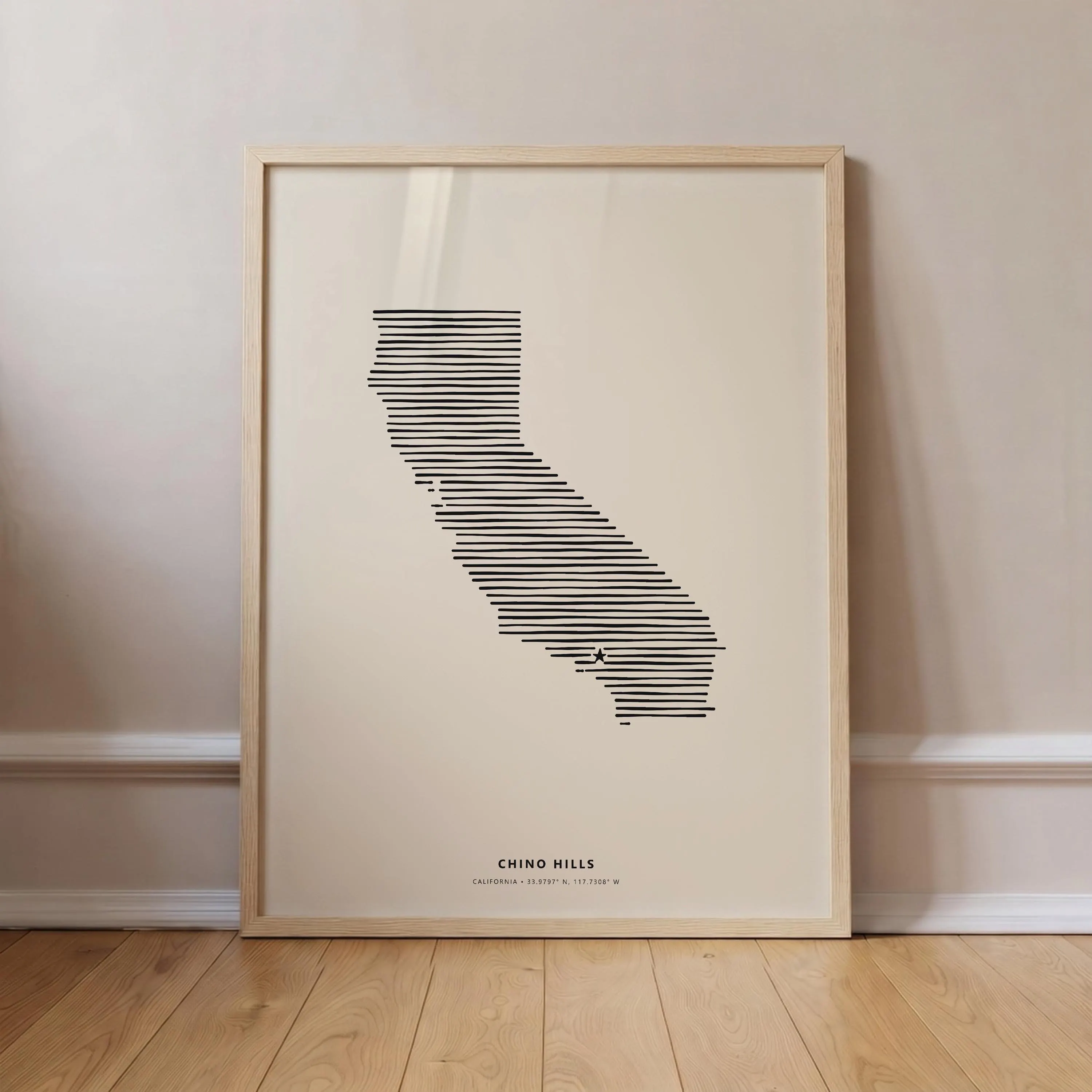 Chino Hills California Minimalist Line Art Poster - Modern State Silhouette Star Print