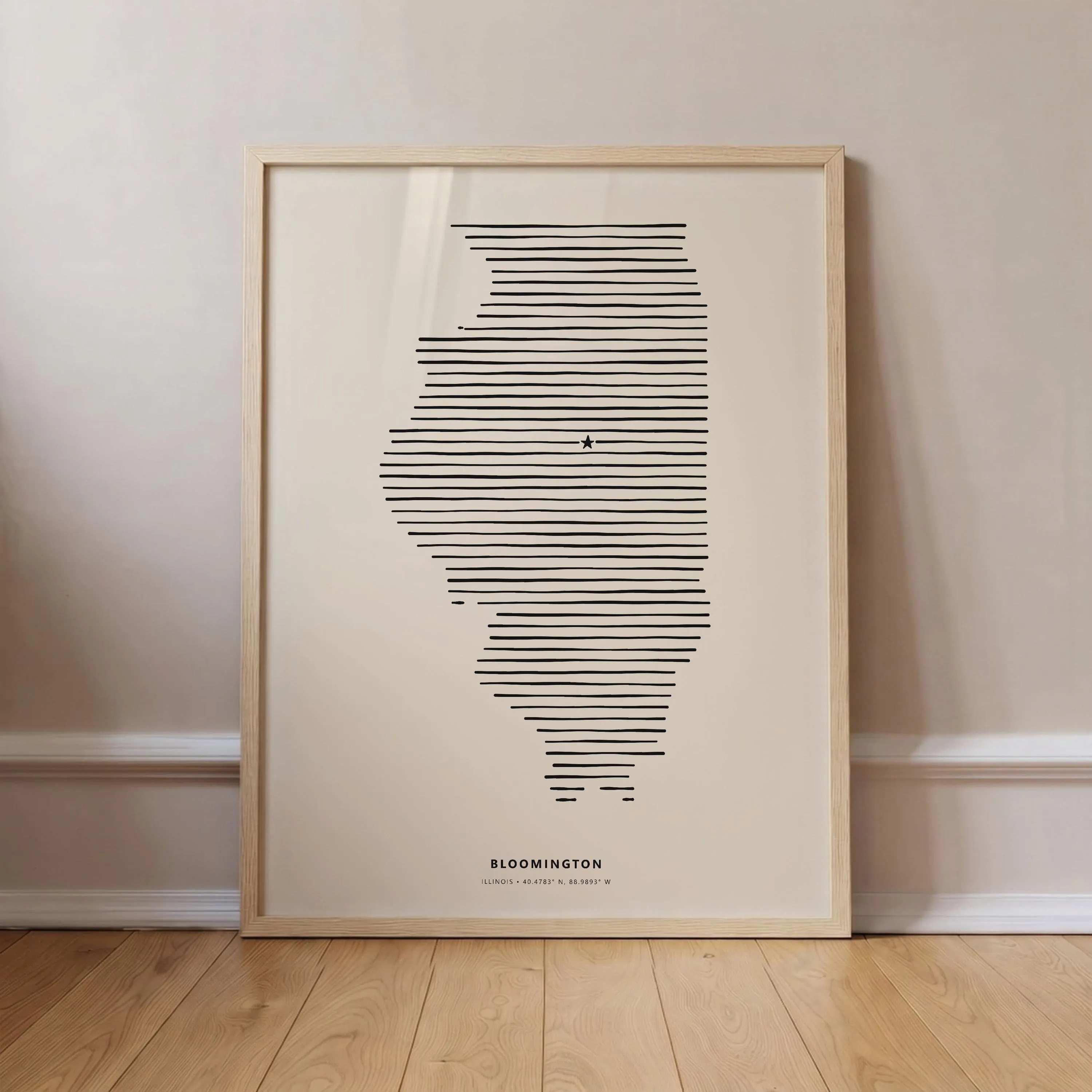 Bloomington Illinois Minimalist Line Art Poster - Modern State Silhouette Star Print