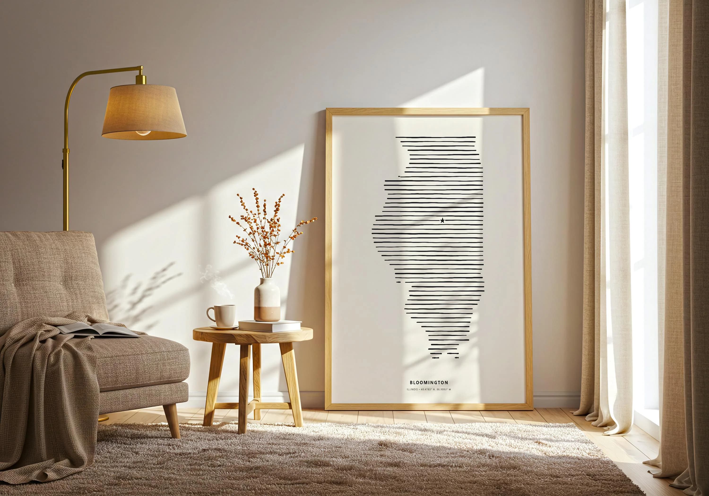 Modern vertical poster displaying the silhouette of Illinois filled with clean horizontal lines and coordinates at the bottom.
