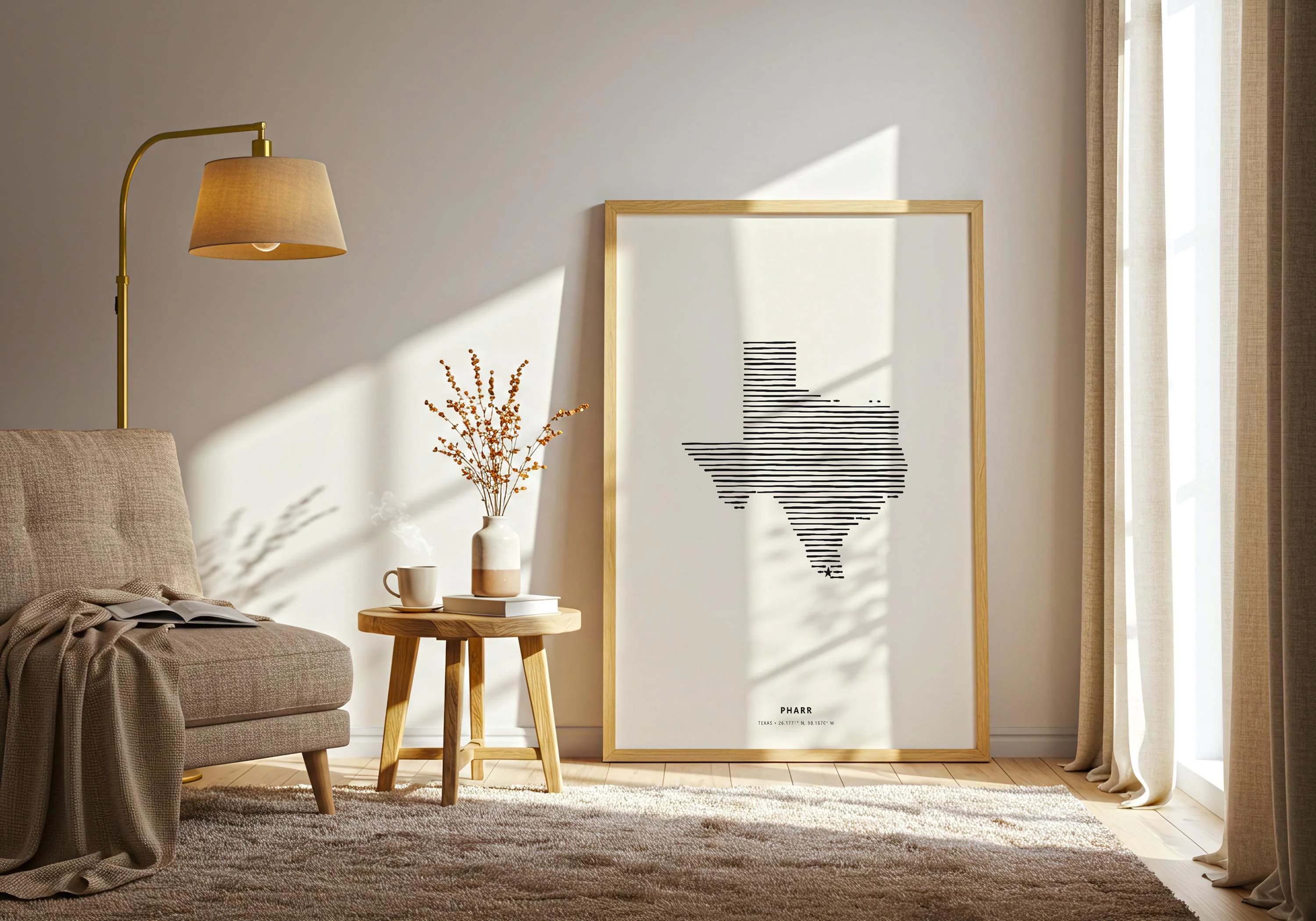 Modern vertical poster frame showcasing the Pharr, Texas state silhouette line art on cream paper.