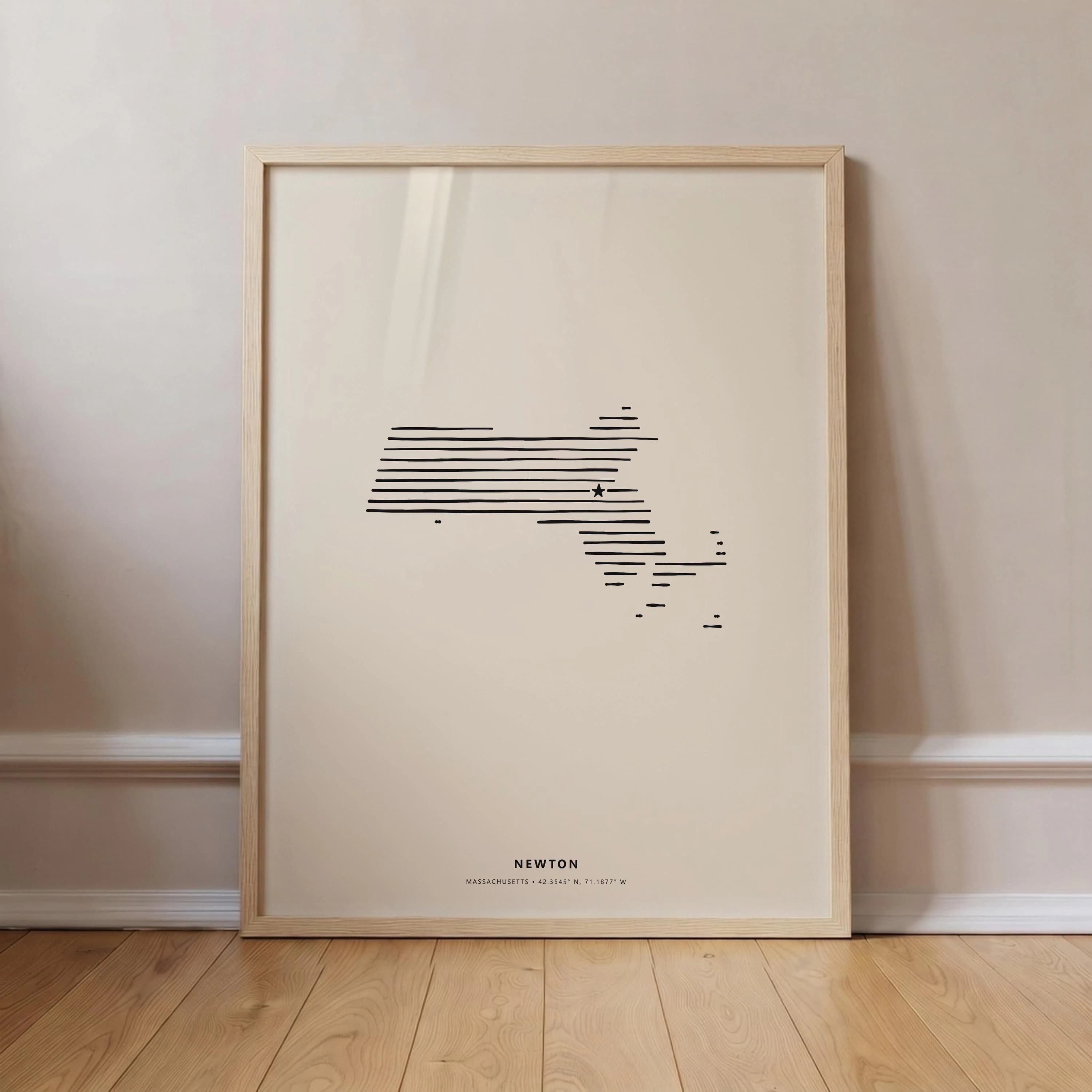 Newton Massachusetts Minimalist Line Art Poster - Modern State Silhouette Star Print