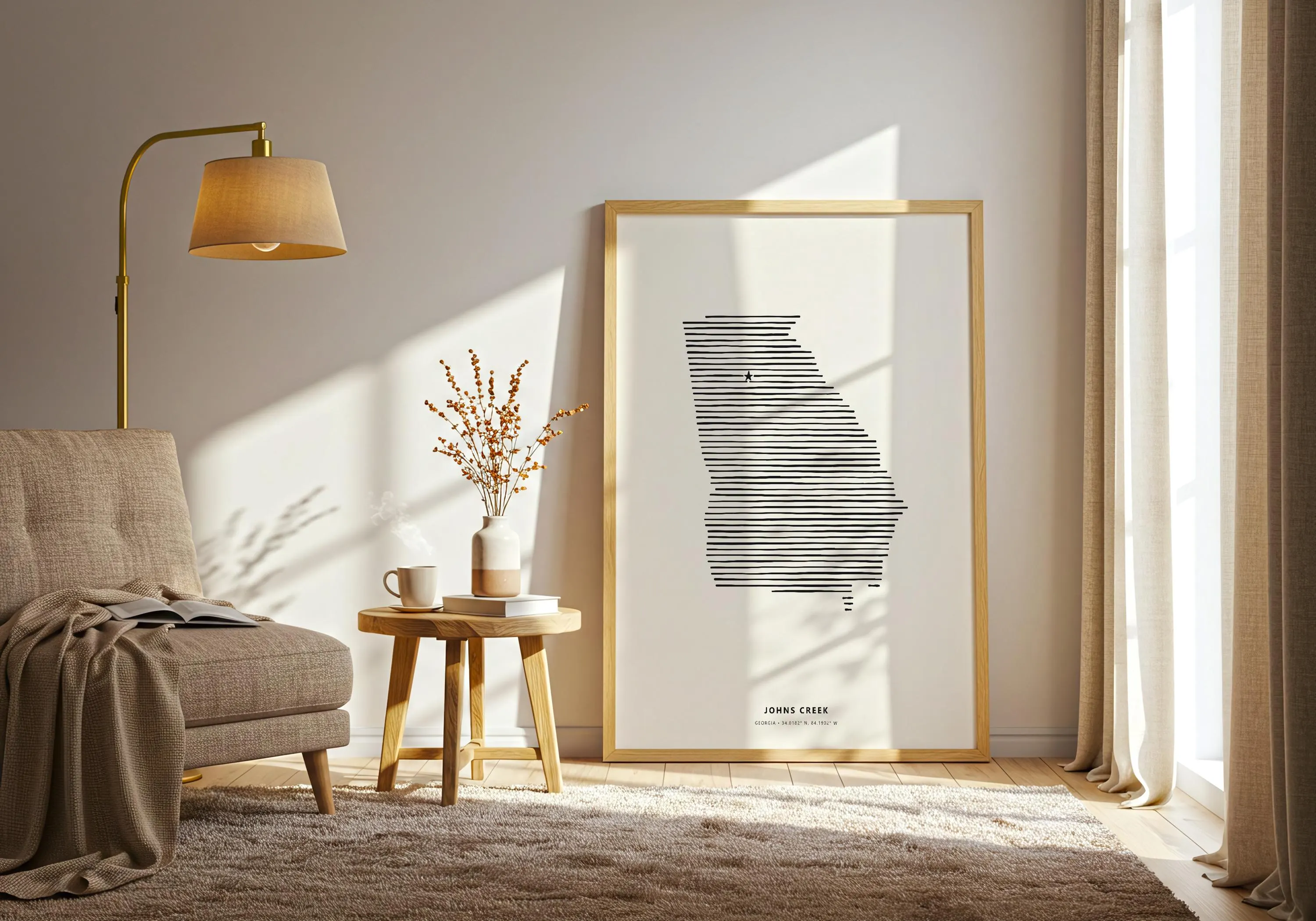 Modern light wood frame containing the Johns Creek Georgia map art print with geographic coordinates below.