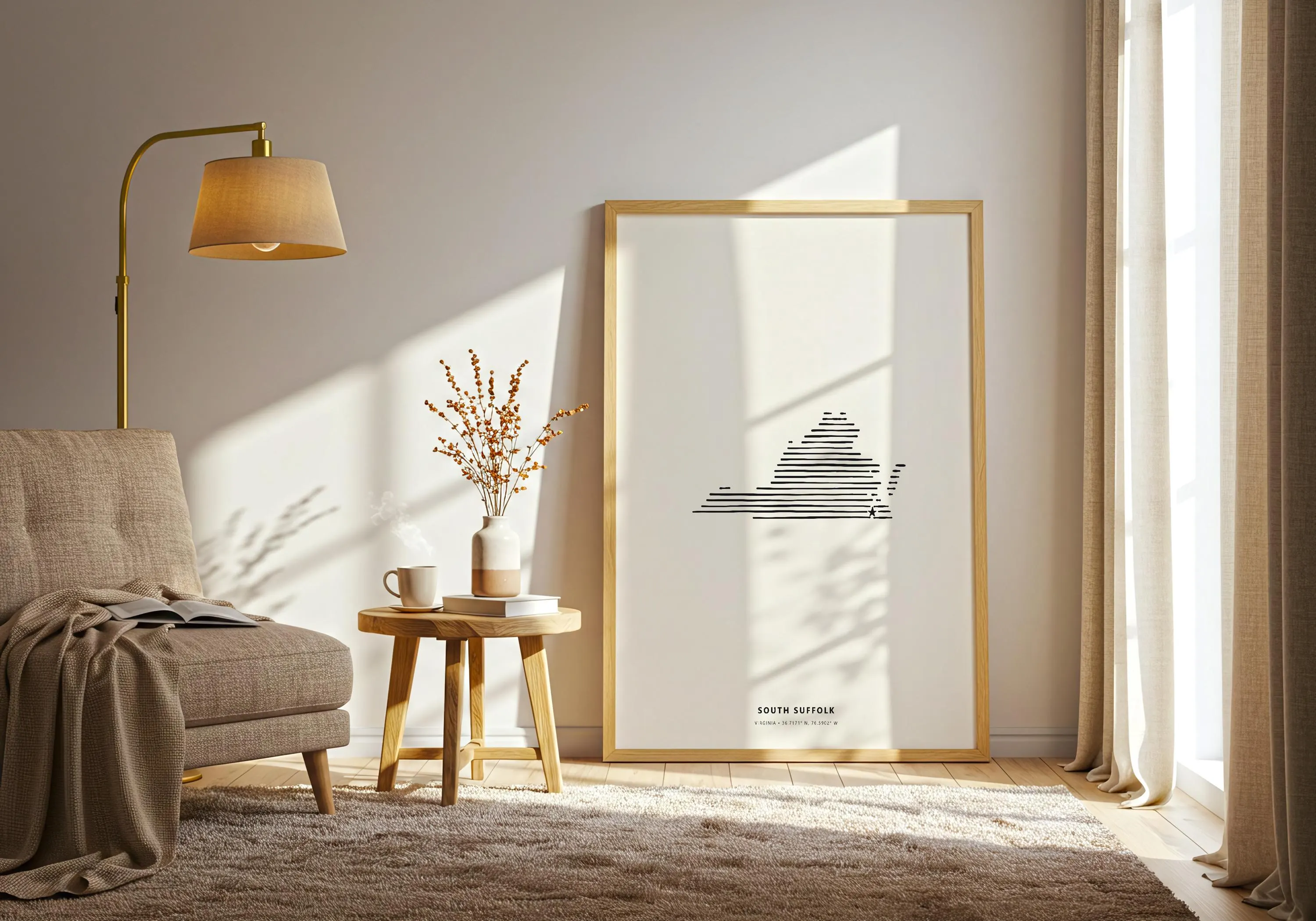 Minimalist state and city map print in a natural wooden frame leaning against a cream colored wall.