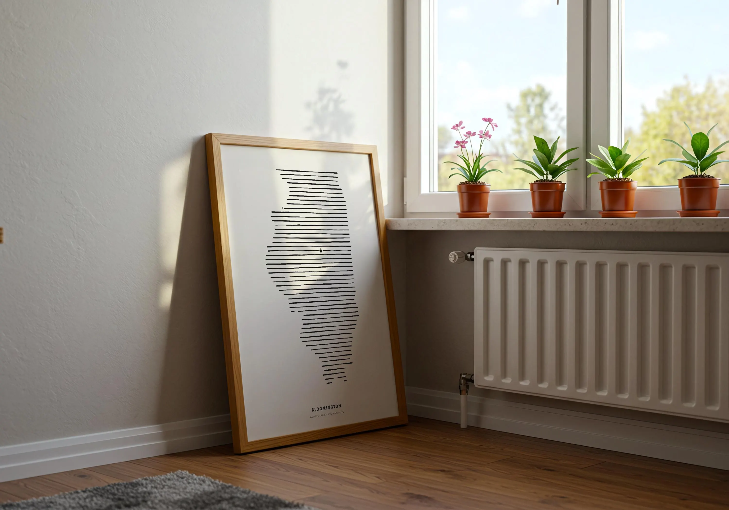 Minimalist hometown pride poster for Bloomington, Illinois, displayed on a light wood floor against a warm beige wall.
