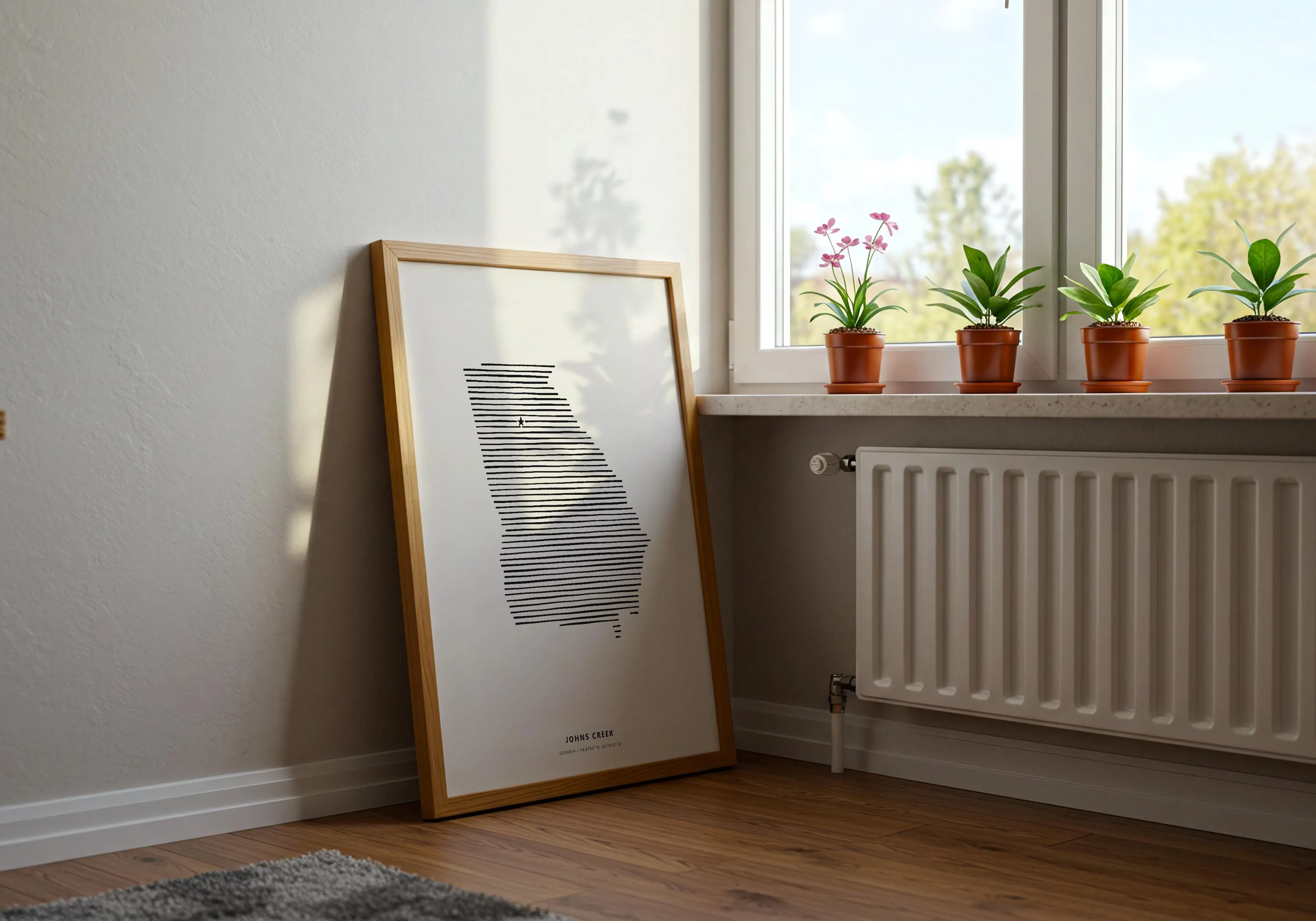 Interior lifestyle shot showing the sleek hometown pride wall decor displayed on a wooden surface.