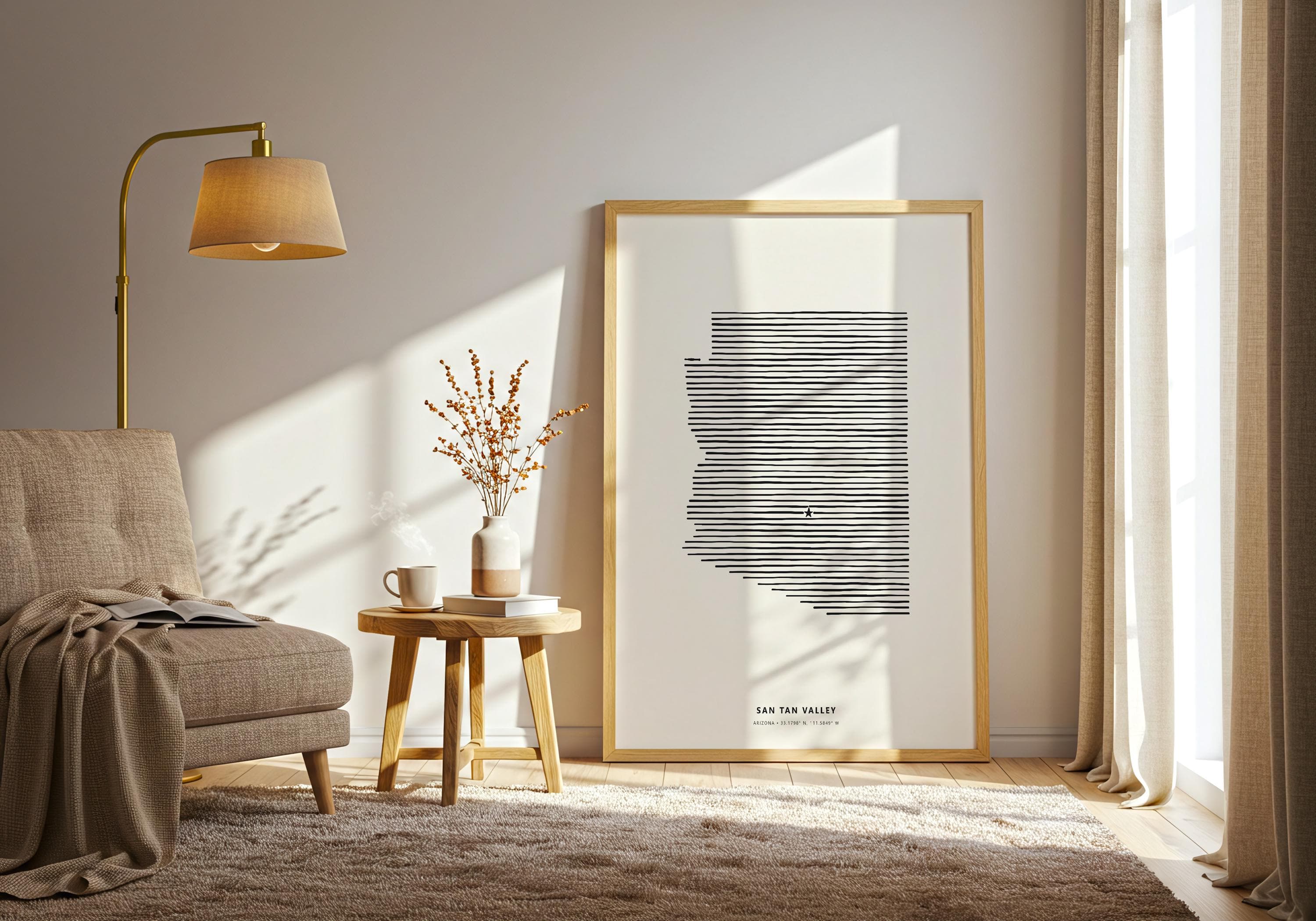 Minimalist Arizona map wall art featuring San Tan Valley in a simple light wood gallery frame.