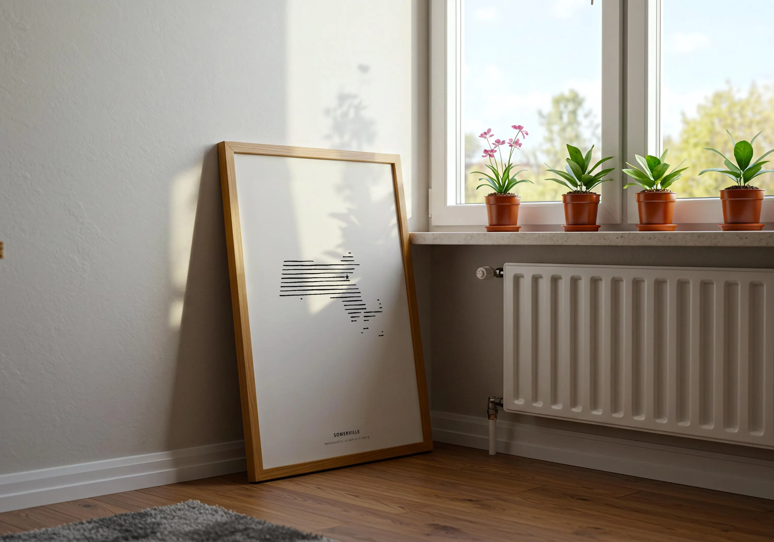 A modern state outline poster of Massachusetts featuring Somerville displayed in a Scandinavian frame.