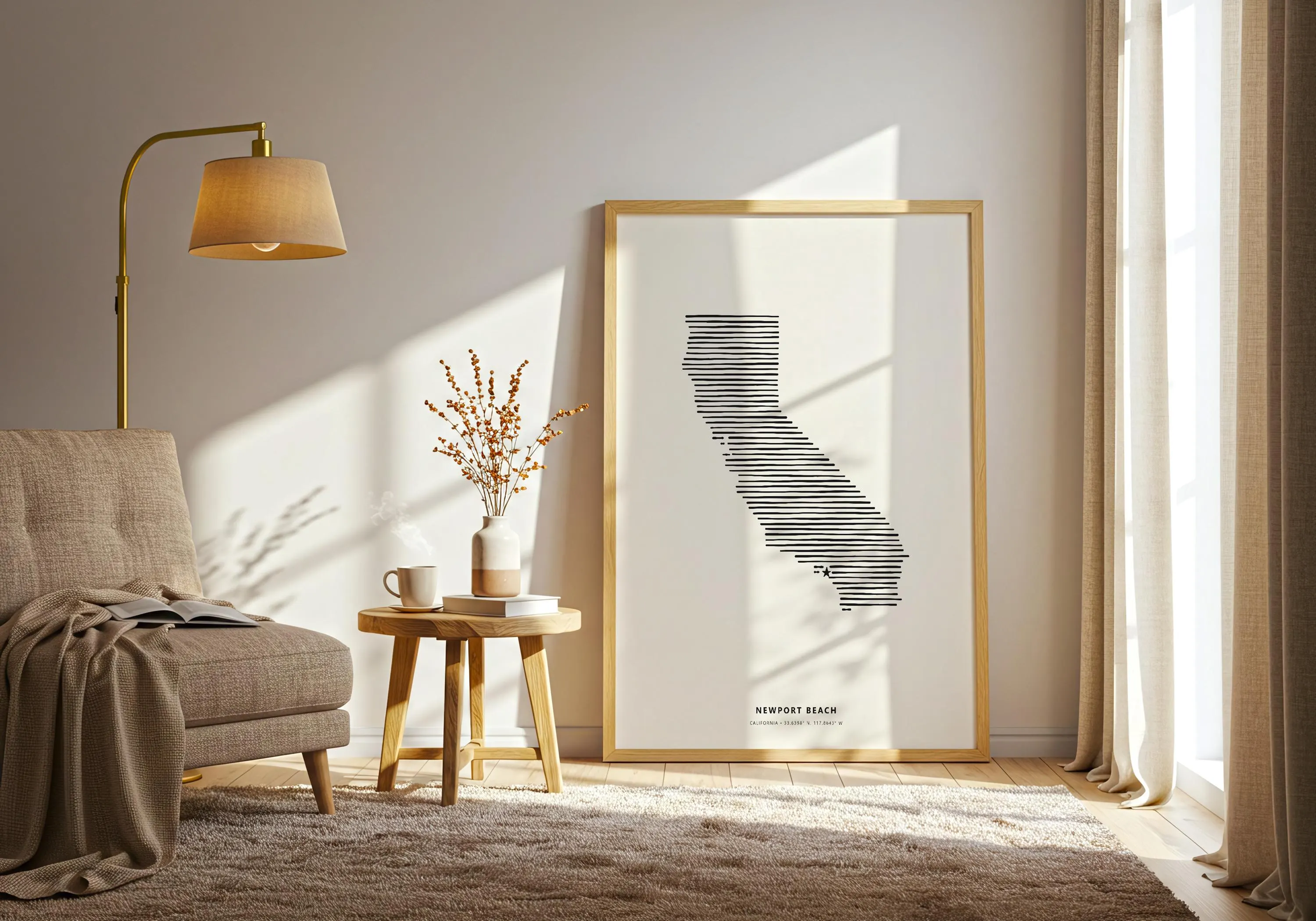 A minimalist wall art print resting on a light wood floor against a beige wall, featuring Newport Beach coordinates and typography.