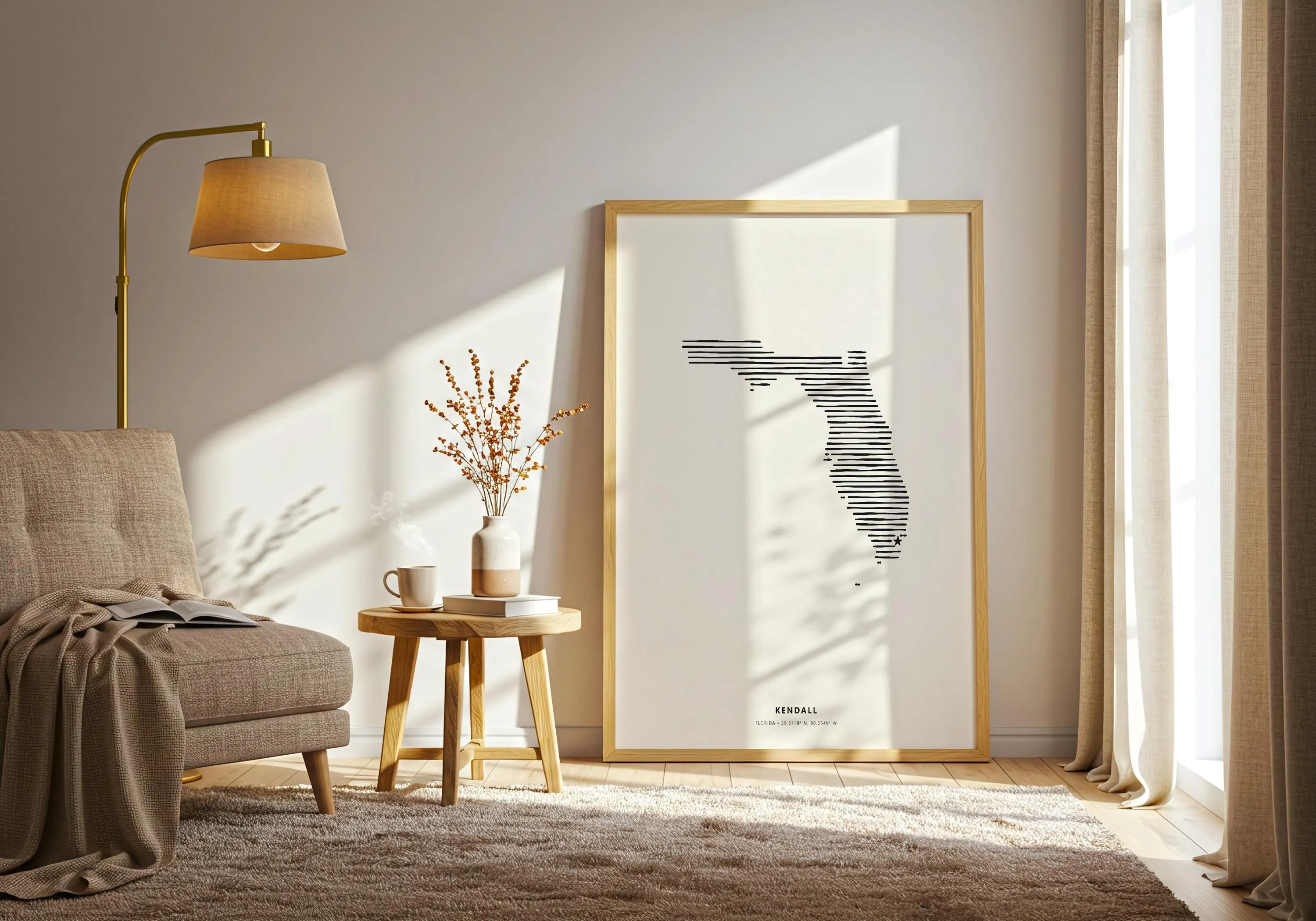 Minimalist geography poster of Kendall, Florida in a light wood frame leaning against a warm beige wall.