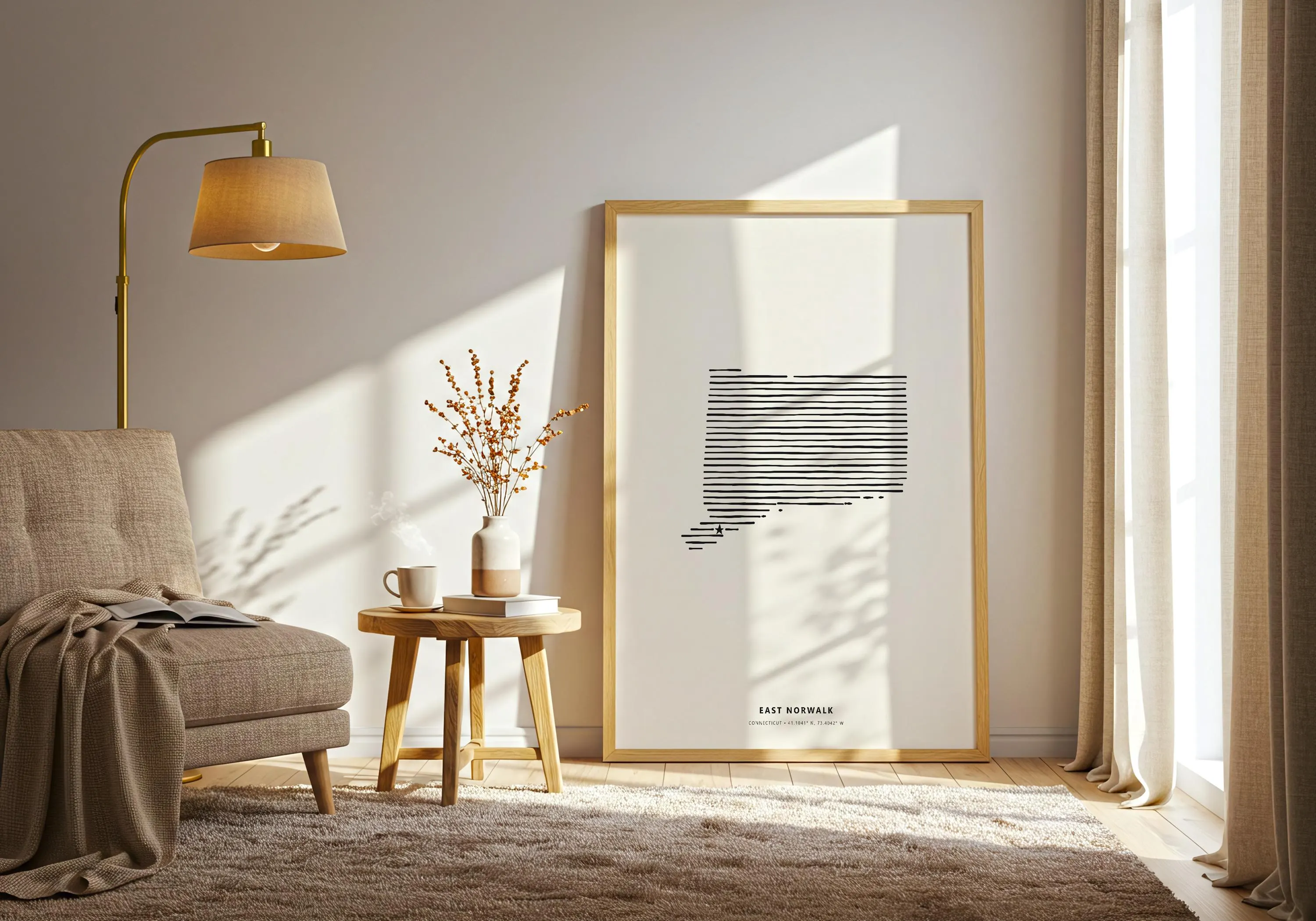 Modern geographic wall art print of Connecticut highlighting East Norwalk with a subtle star symbol.