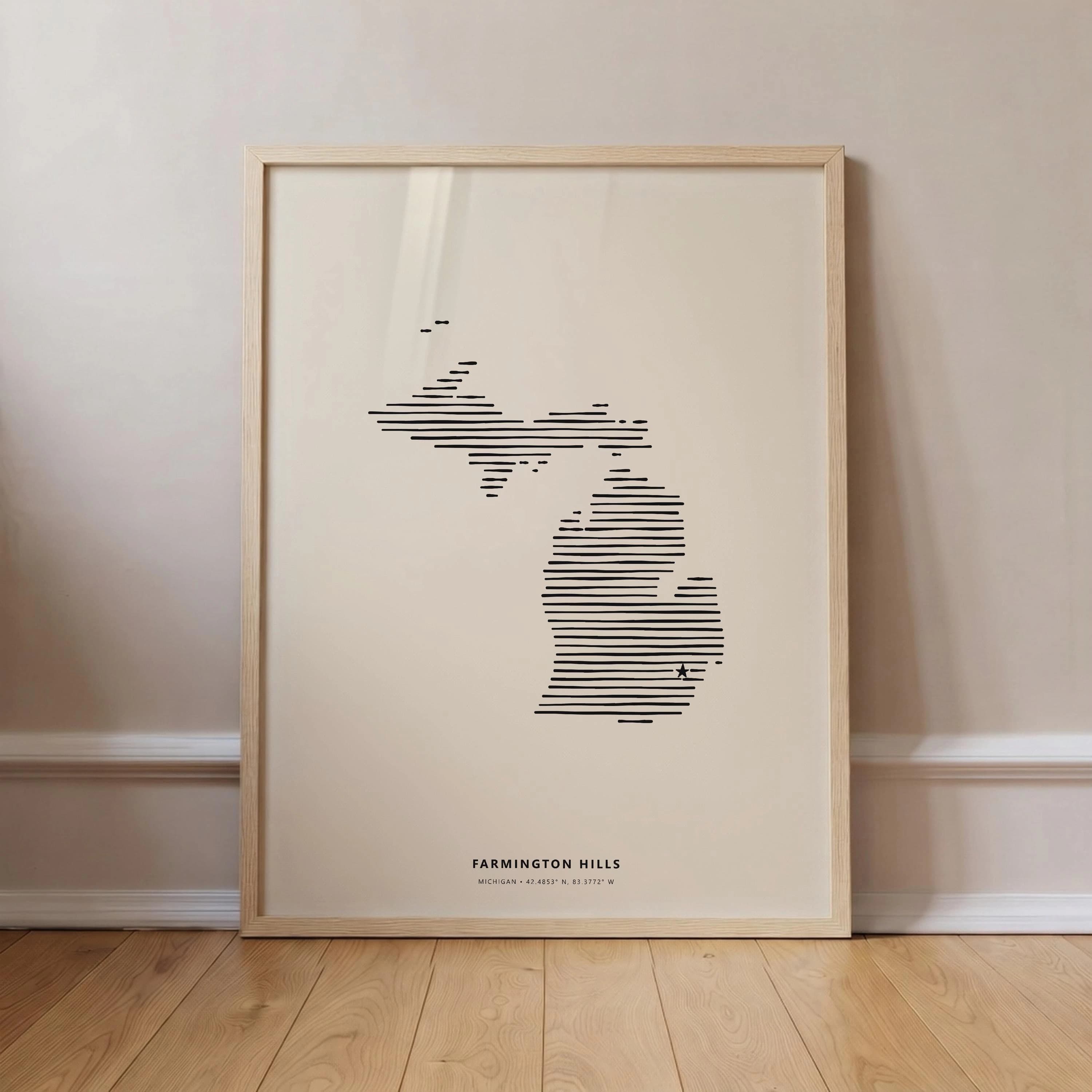Farmington Hills Michigan Minimalist Line Art Poster - Modern State Silhouette Print