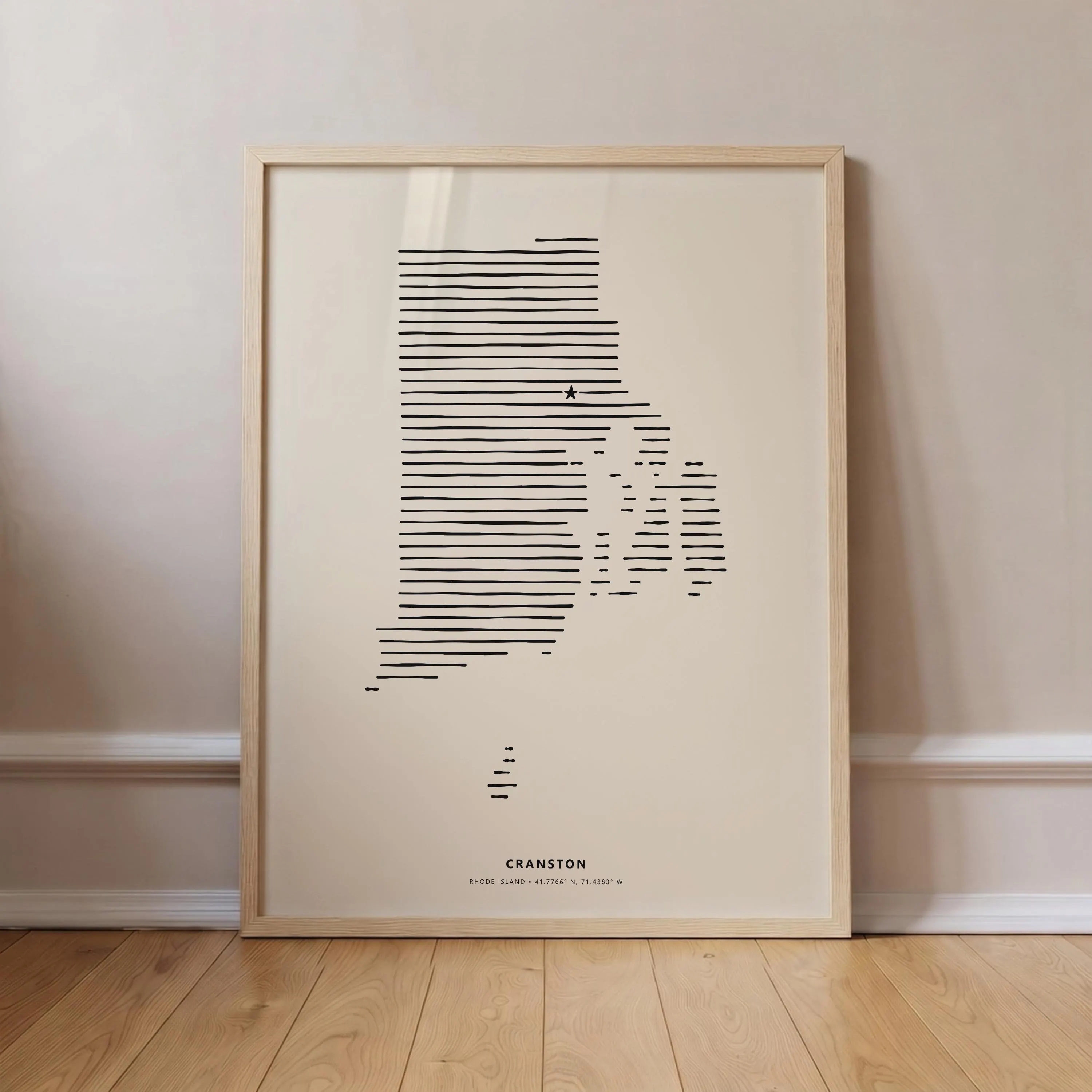 Cranston Rhode Island Minimalist Line Art Poster - Modern State Silhouette Star Print