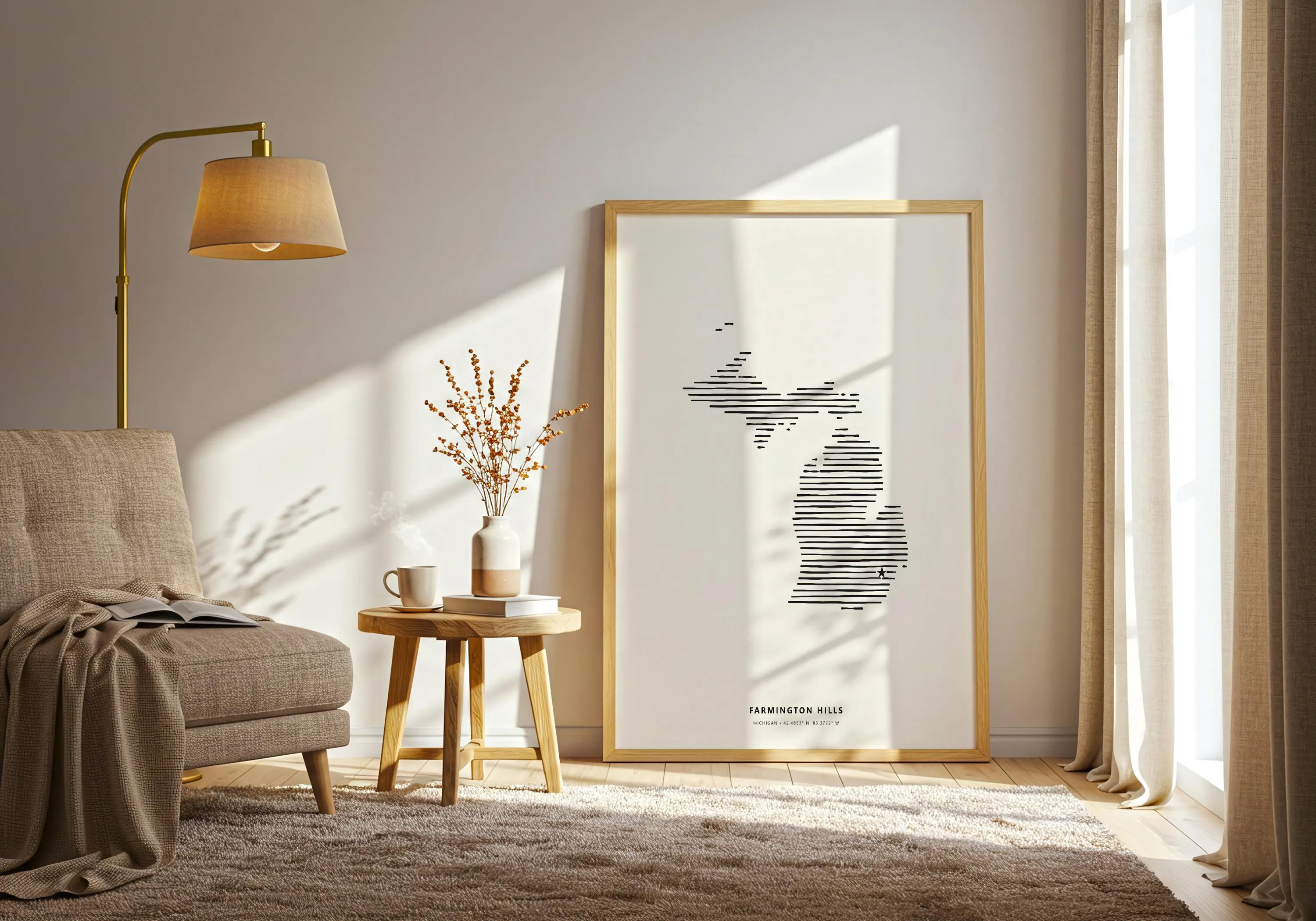 Minimalist Michigan state wall decor poster in a light wood frame resting on a wooden floor.